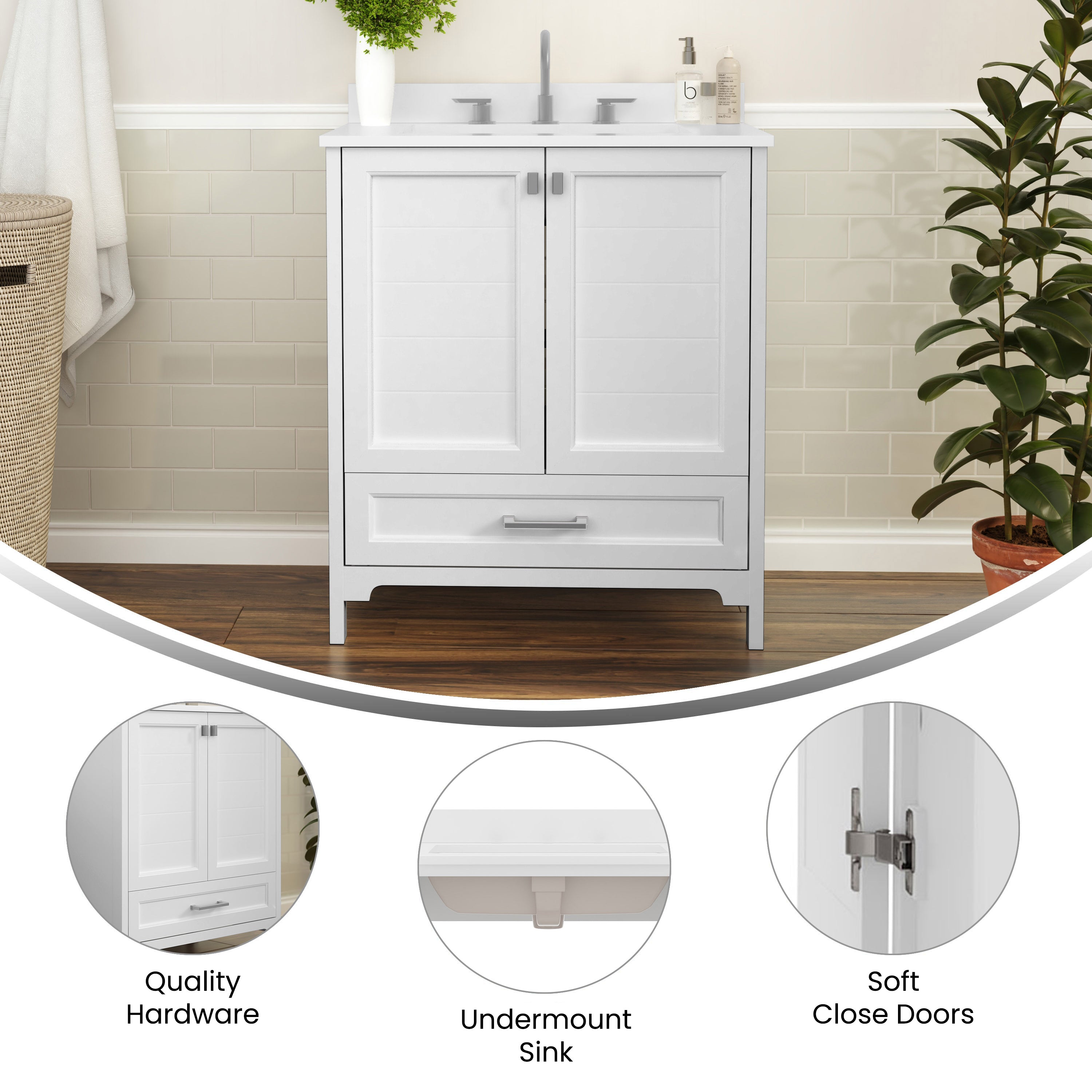 Haven 30 Inch Bathroom Vanity with Sink, Storage Cabinet with Soft Close Doors and Bottom Drawer, Carrara Marble Finish Countertop, White
