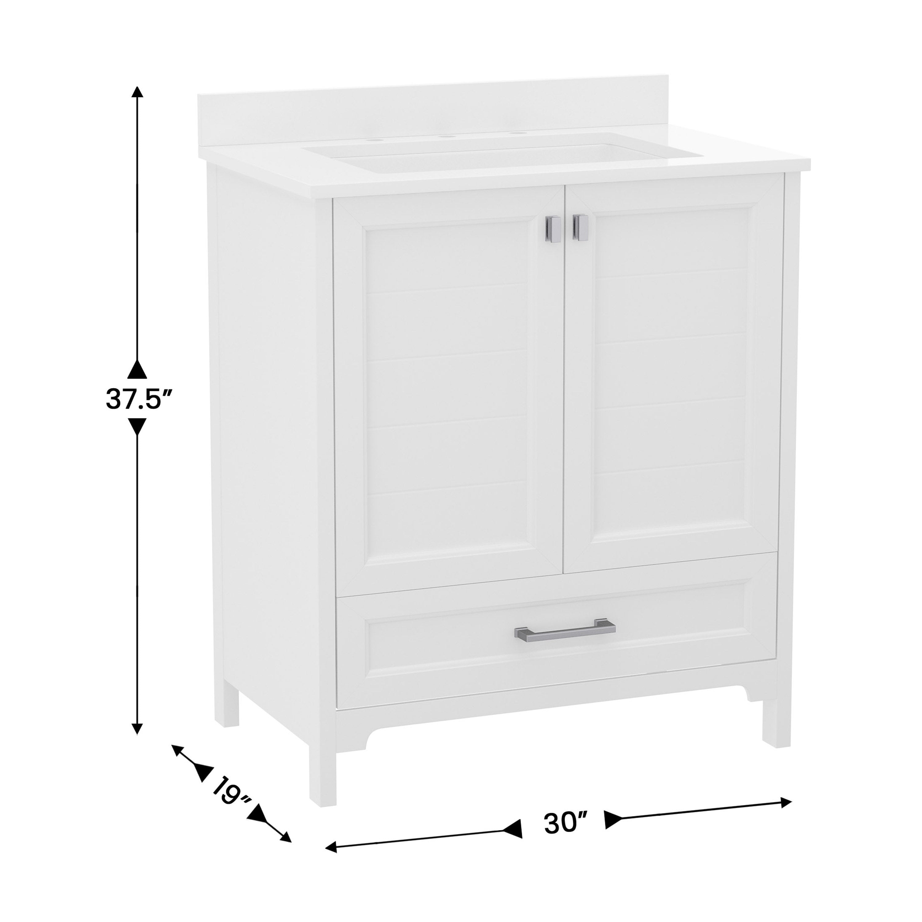 Haven 30 Inch Bathroom Vanity with Sink, Storage Cabinet with Soft Close Doors and Bottom Drawer, Carrara Marble Finish Countertop, White