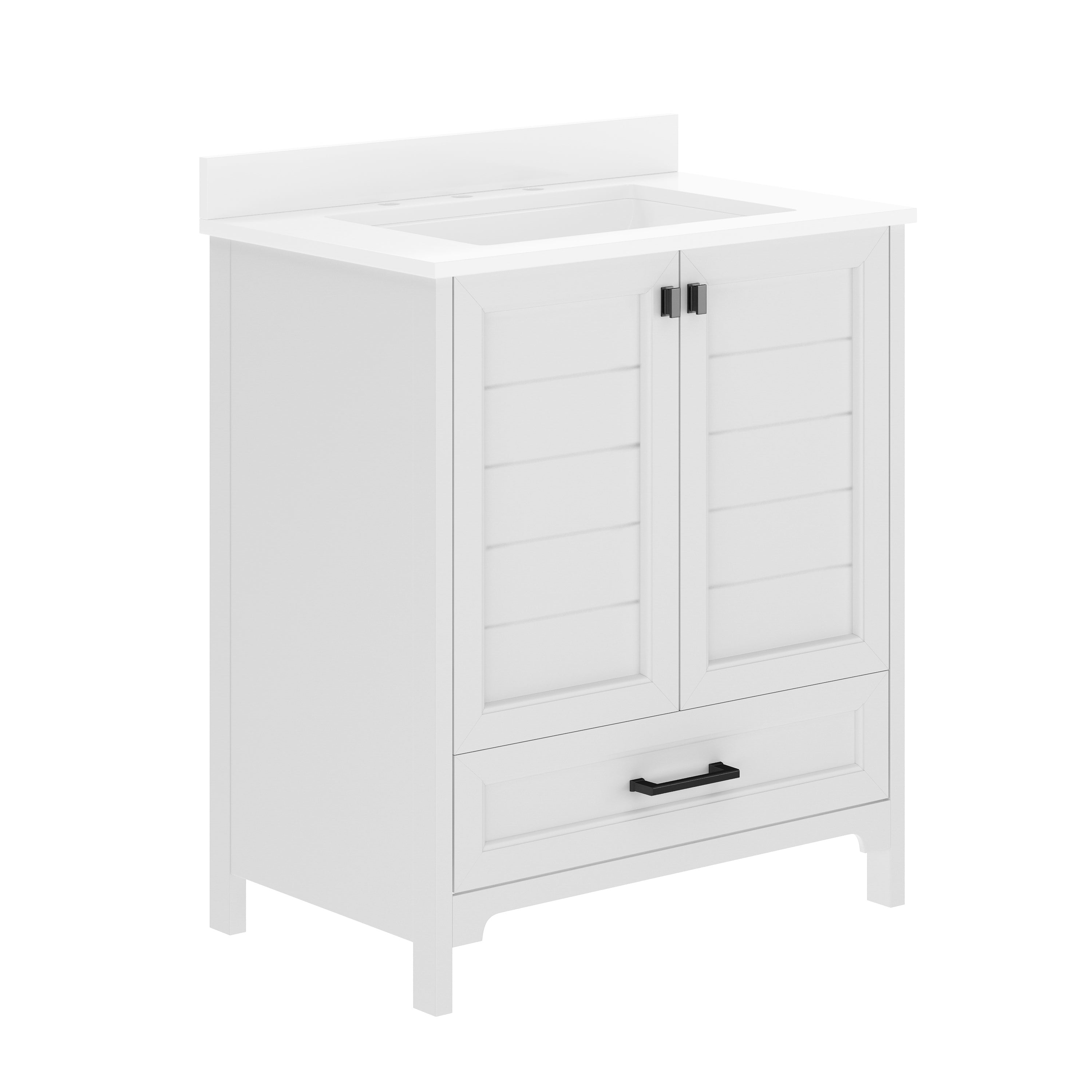 Haven 30" Bathroom Vanity with Sink, Storage Cabinet with Black Hardware, Soft Close Doors and Bottom Drawer, Carrara Marble Finish Countertop, White