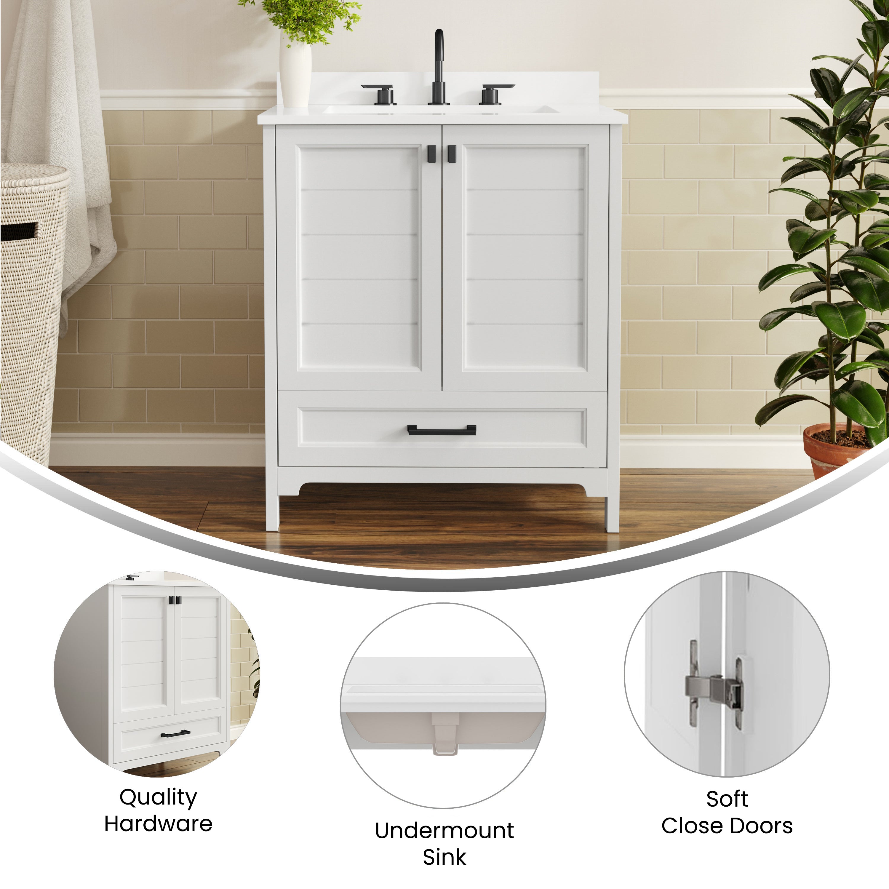 Haven 30" Bathroom Vanity with Sink, Storage Cabinet with Black Hardware, Soft Close Doors and Bottom Drawer, Carrara Marble Finish Countertop, White