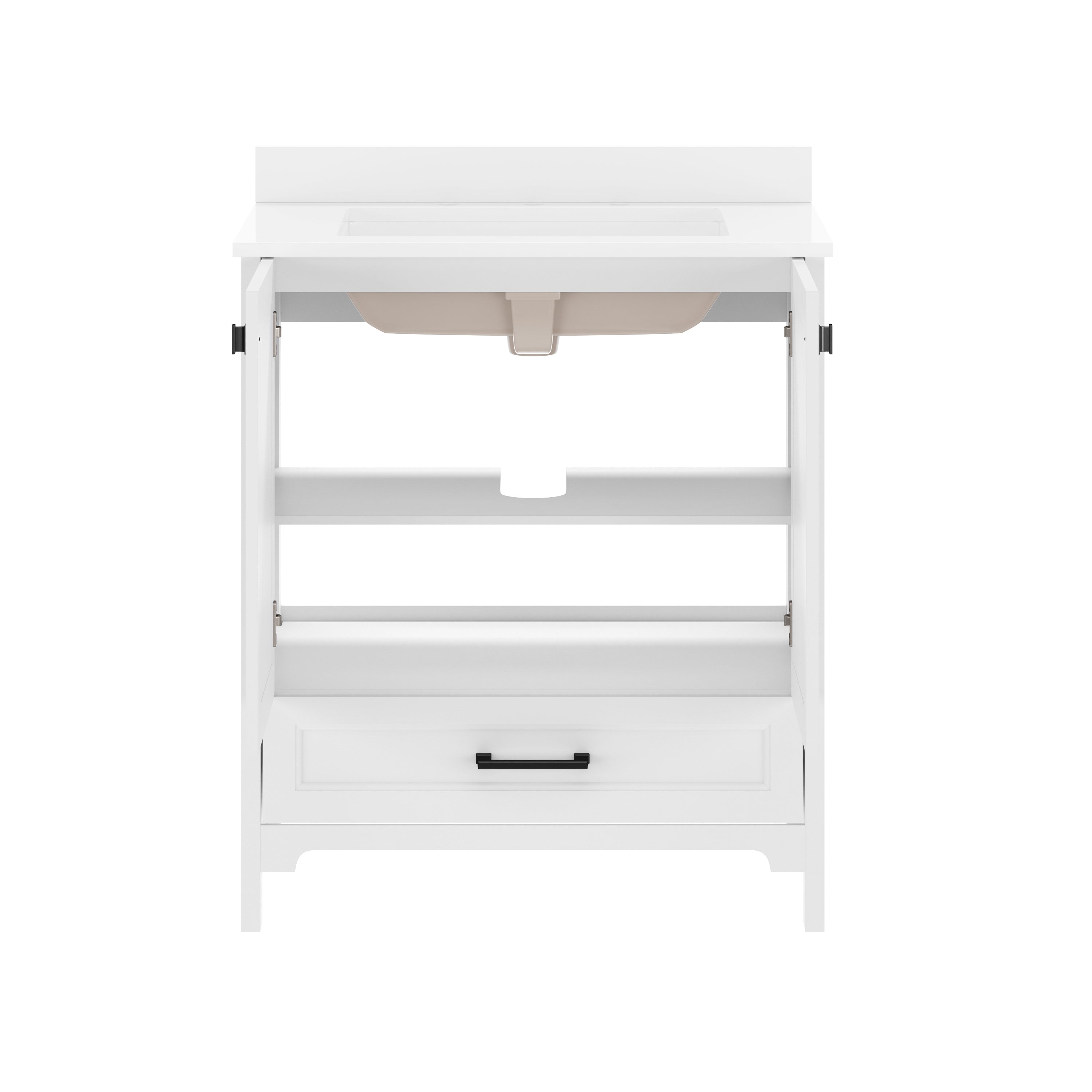 Haven 30" Bathroom Vanity with Sink, Storage Cabinet with Black Hardware, Soft Close Doors and Bottom Drawer, Carrara Marble Finish Countertop, White
