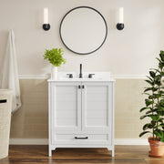 Haven 30" Bathroom Vanity with Sink, Storage Cabinet with Black Hardware, Soft Close Doors and Bottom Drawer, Carrara Marble Finish Countertop, White