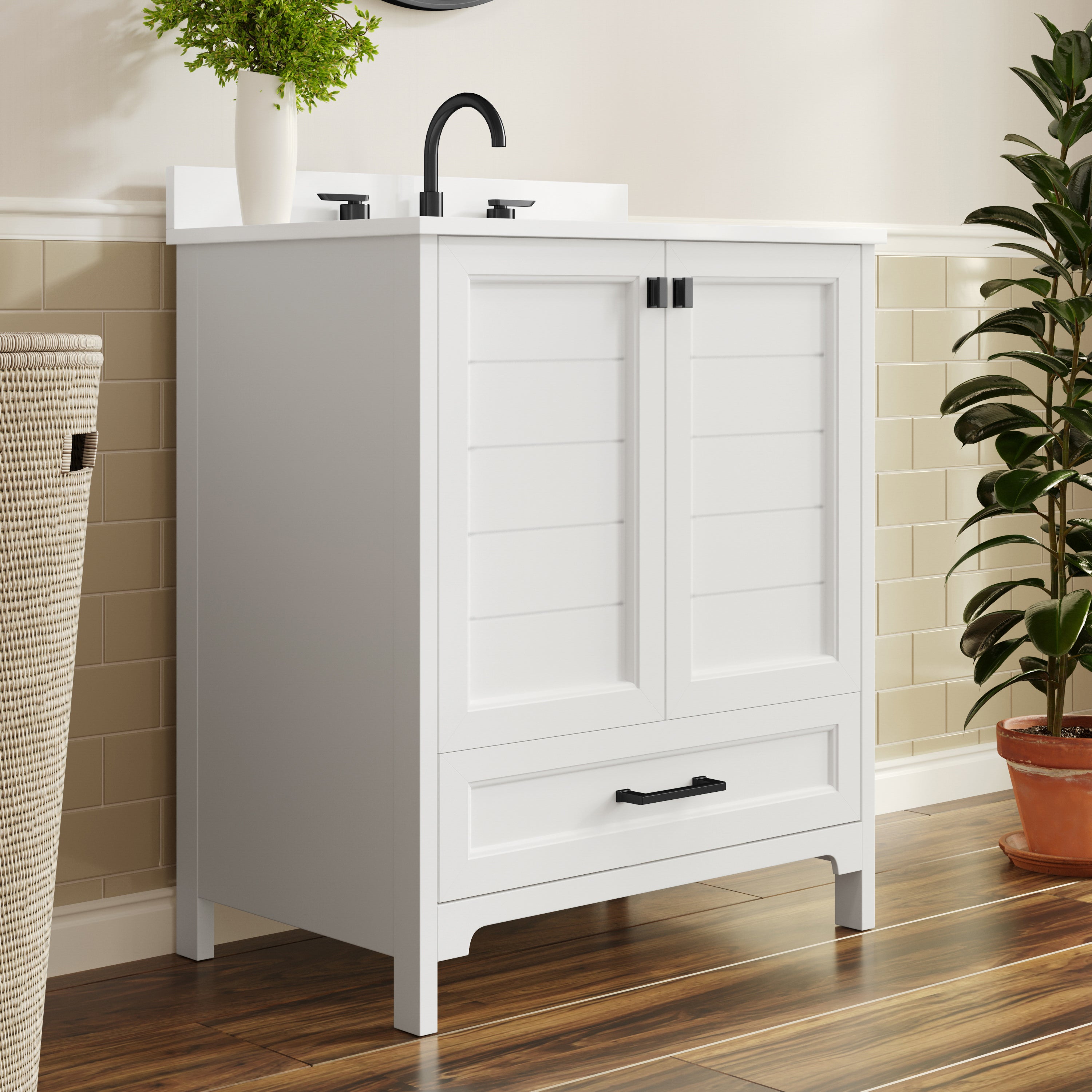 Haven 30" Bathroom Vanity with Sink, Storage Cabinet with Black Hardware, Soft Close Doors and Bottom Drawer, Carrara Marble Finish Countertop, White