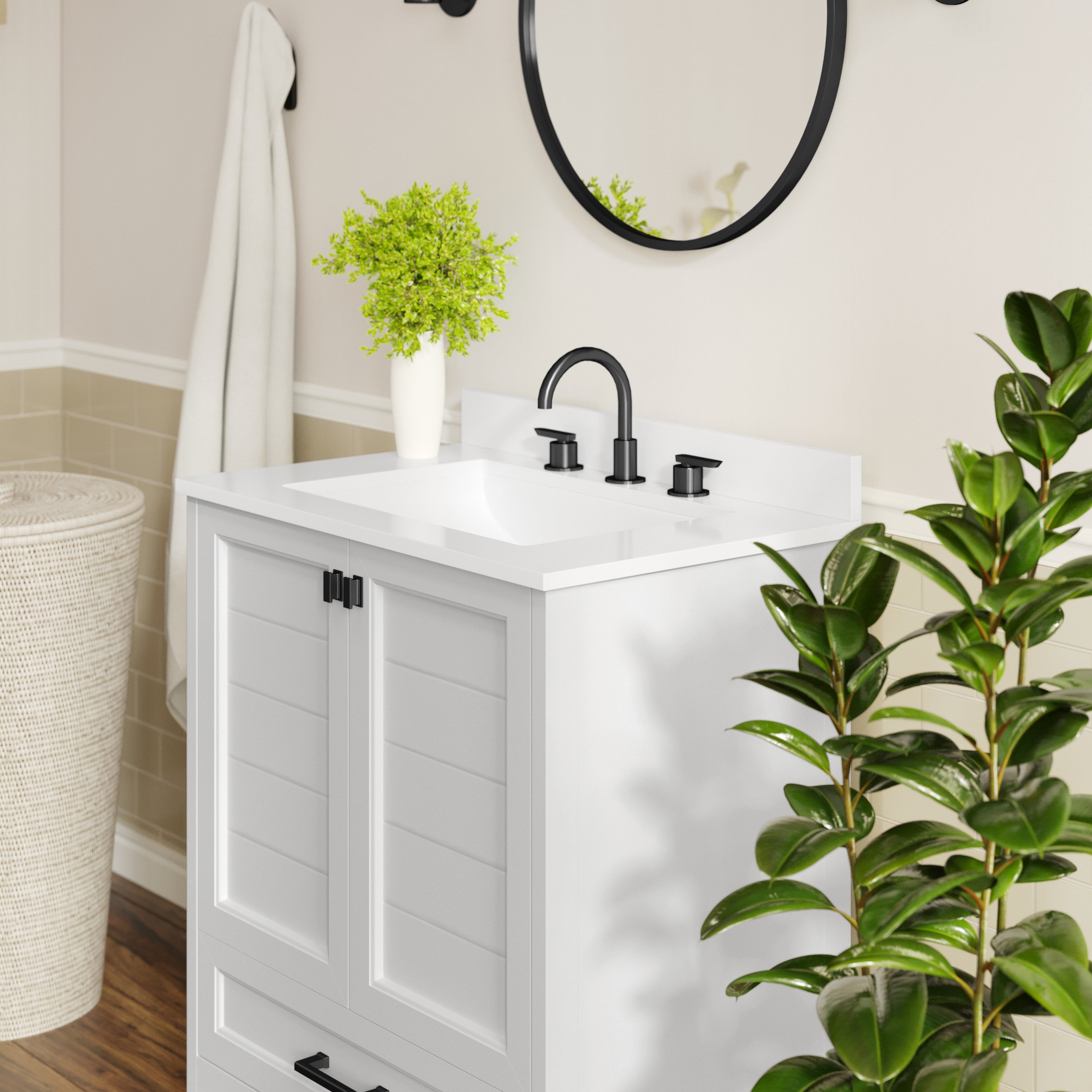 Haven 30" Bathroom Vanity with Sink, Storage Cabinet with Black Hardware, Soft Close Doors and Bottom Drawer, Carrara Marble Finish Countertop, White
