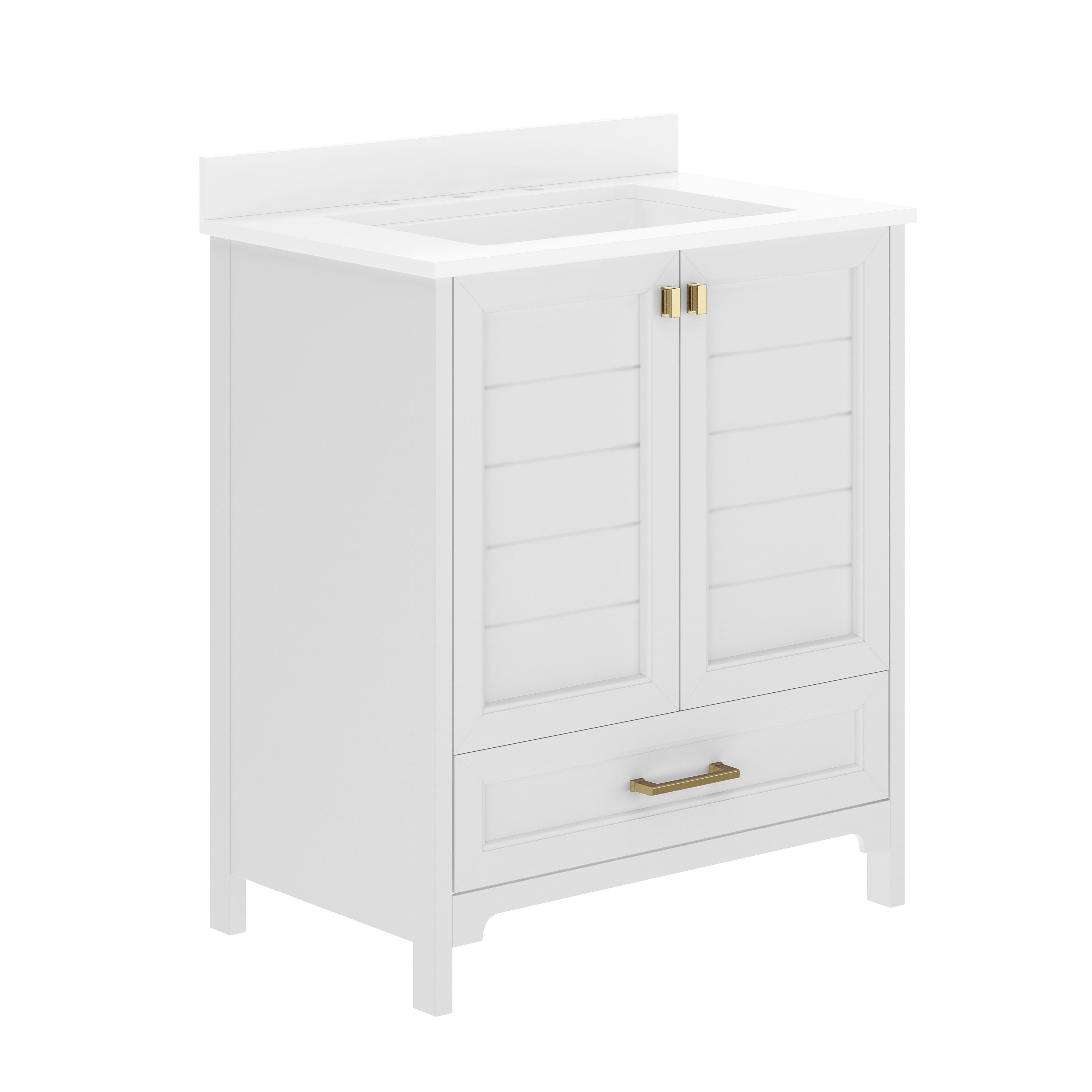 Haven 30" Bathroom Vanity with Sink, Storage Cabinet with Gold Hardware, Soft Close Doors and Bottom Drawer, Carrara Marble Finish Countertop, White