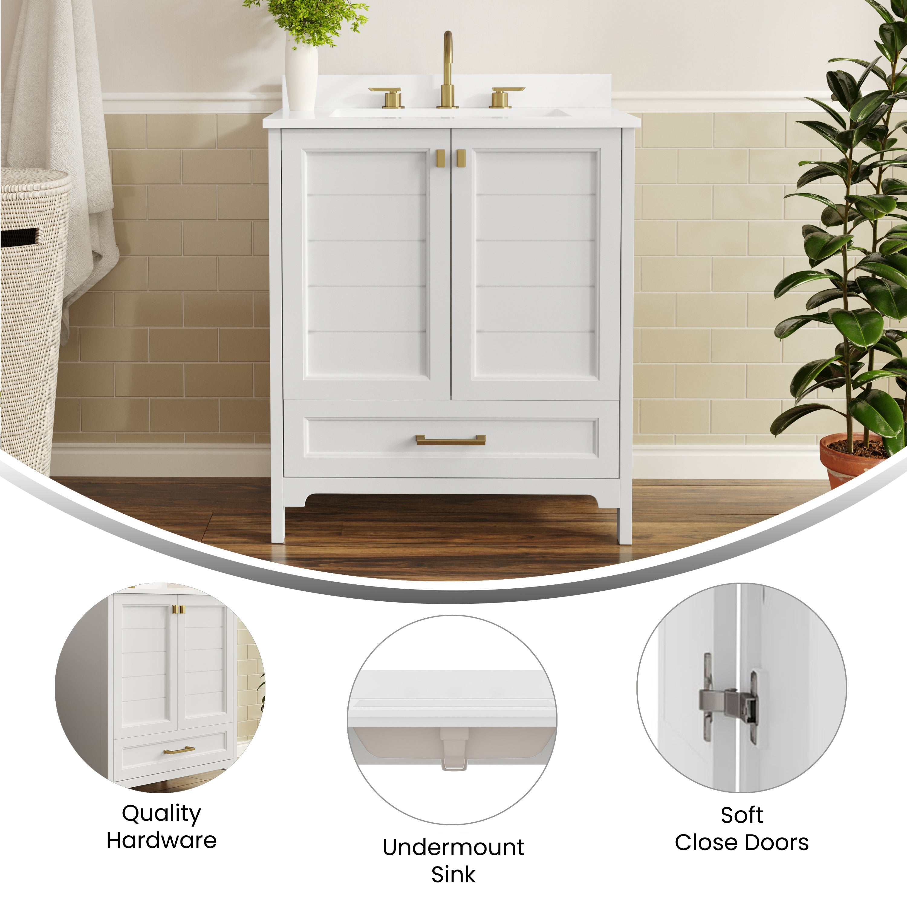 Haven 30" Bathroom Vanity with Sink, Storage Cabinet with Gold Hardware, Soft Close Doors and Bottom Drawer, Carrara Marble Finish Countertop, White