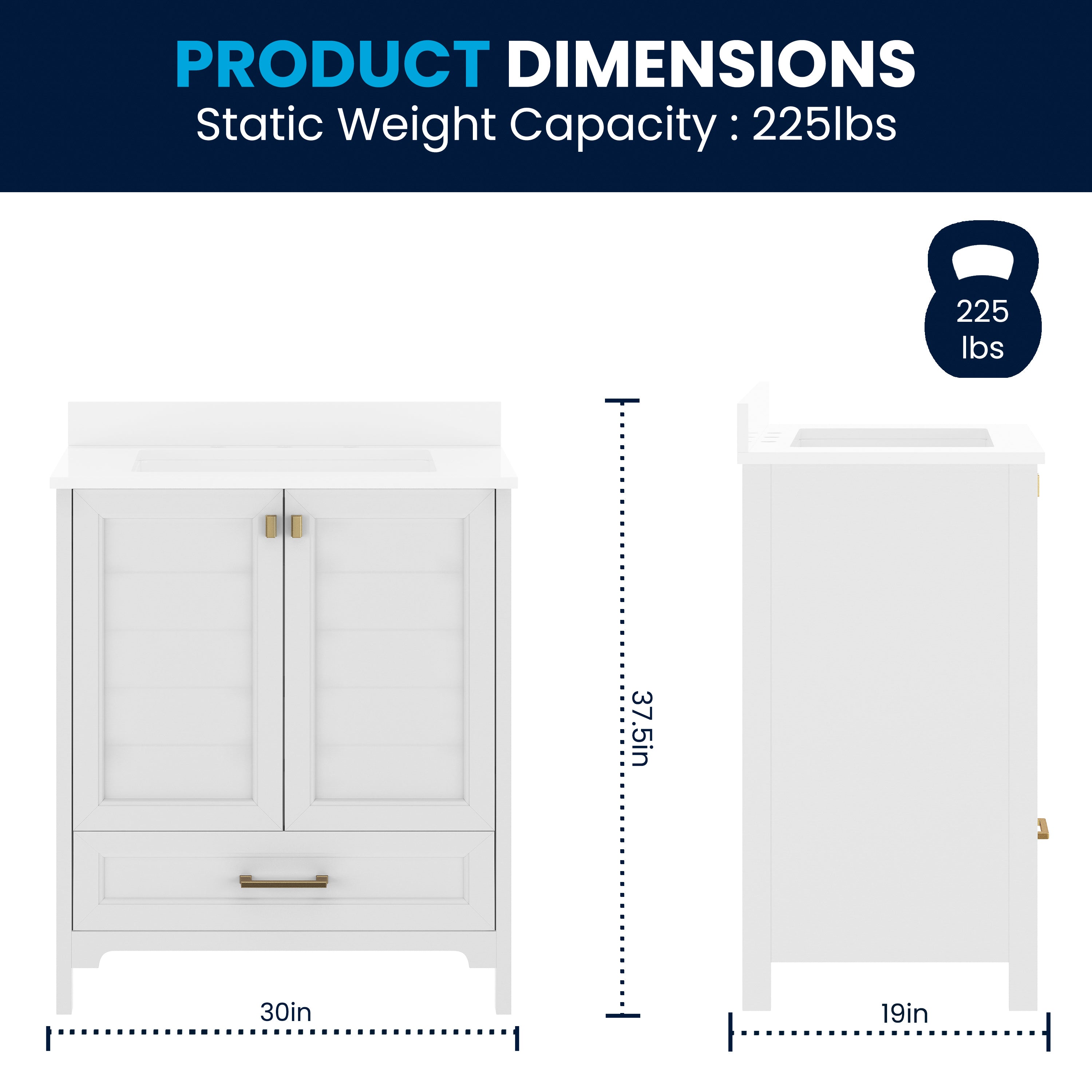 Haven 30" Bathroom Vanity with Sink, Storage Cabinet with Gold Hardware, Soft Close Doors and Bottom Drawer, Carrara Marble Finish Countertop, White