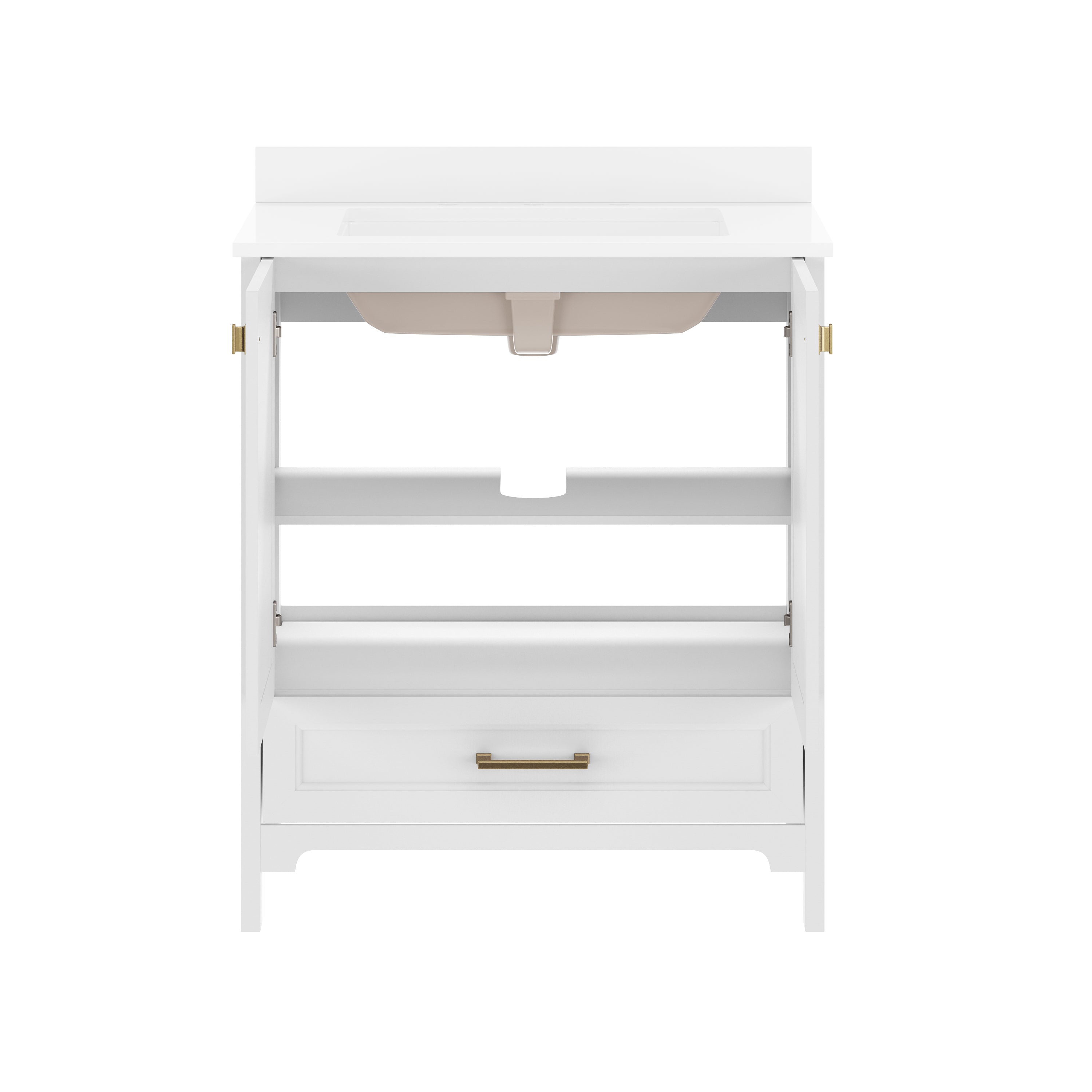 Haven 30" Bathroom Vanity with Sink, Storage Cabinet with Gold Hardware, Soft Close Doors and Bottom Drawer, Carrara Marble Finish Countertop, White
