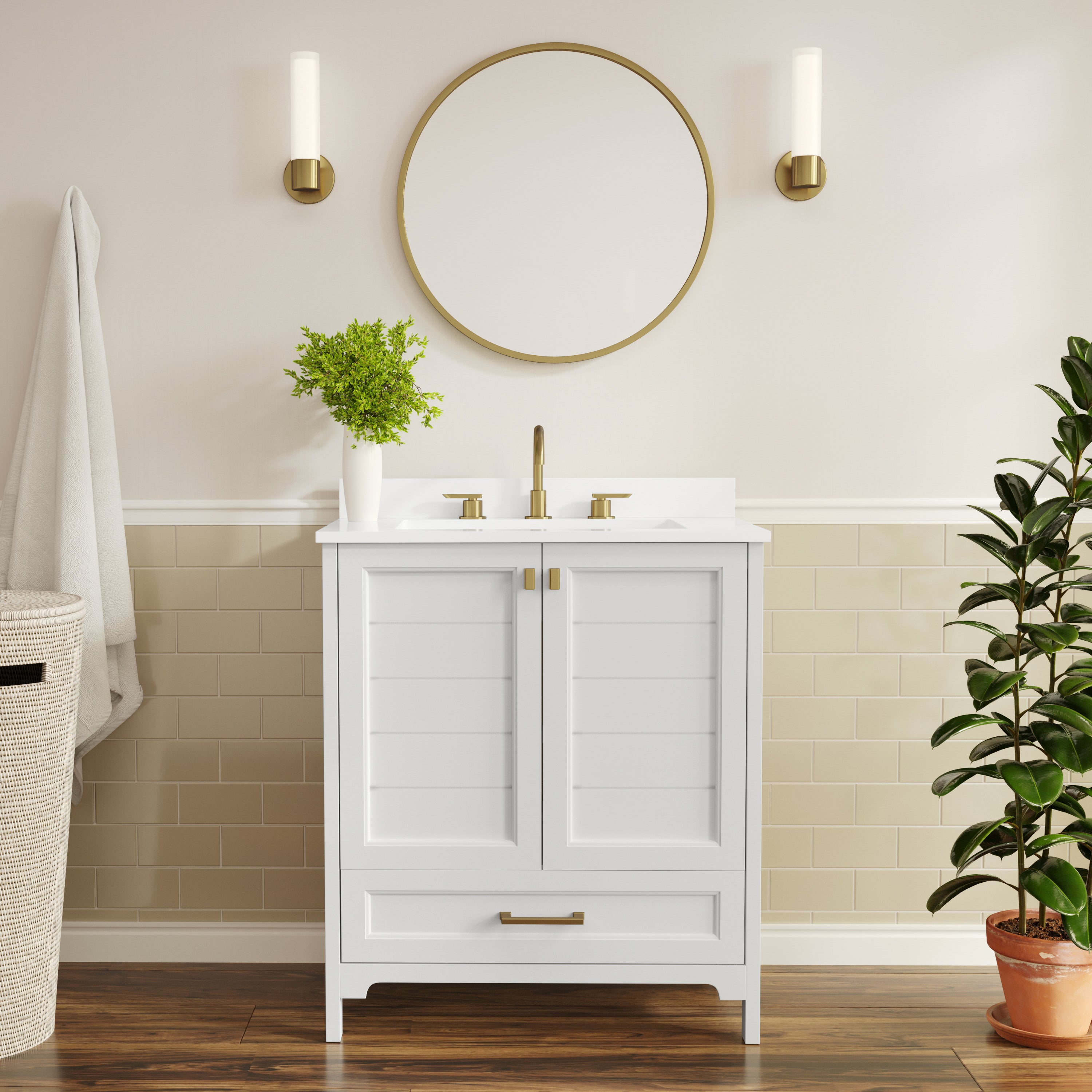 Haven 30" Bathroom Vanity with Sink, Storage Cabinet with Gold Hardware, Soft Close Doors and Bottom Drawer, Carrara Marble Finish Countertop, White