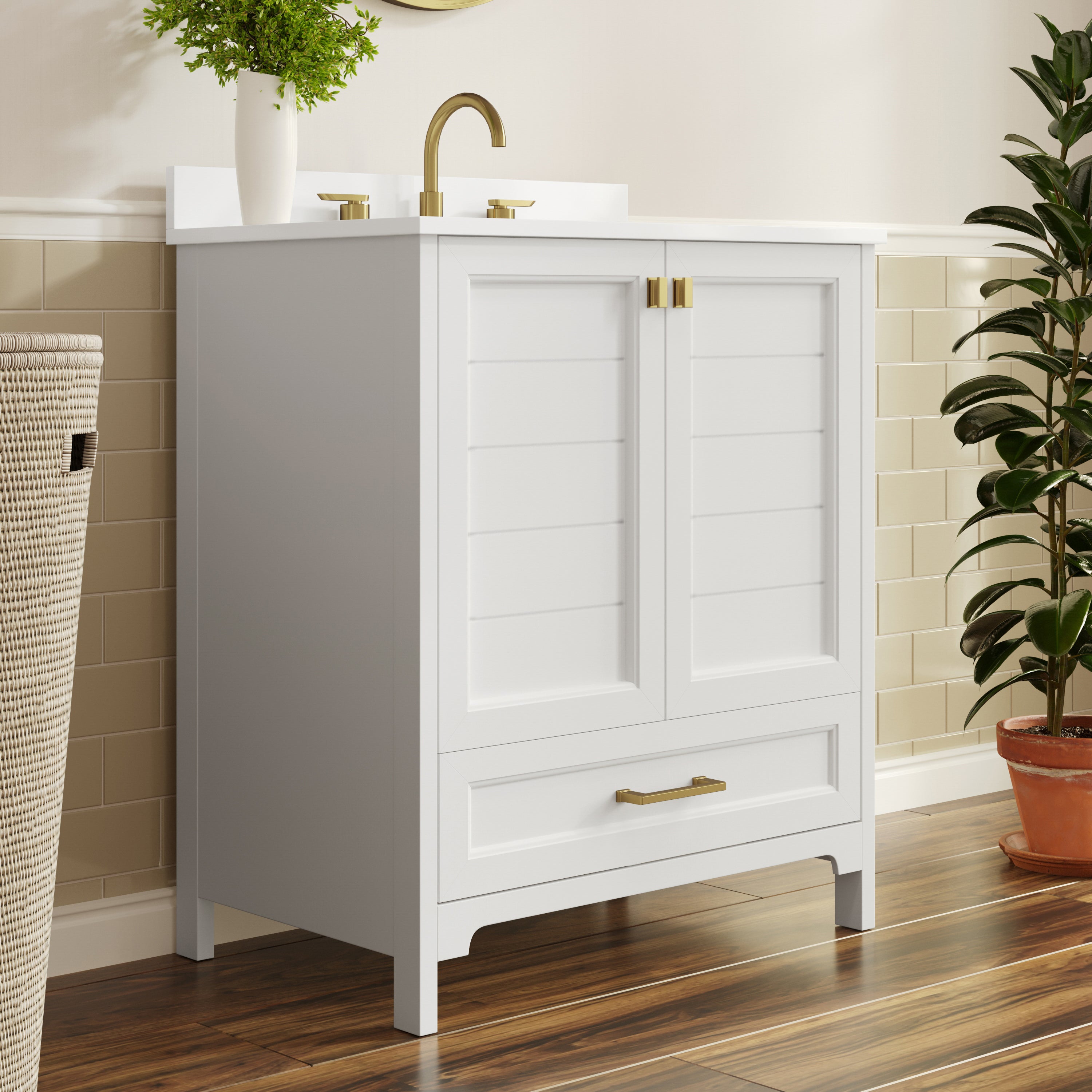 Haven 30" Bathroom Vanity with Sink, Storage Cabinet with Gold Hardware, Soft Close Doors and Bottom Drawer, Carrara Marble Finish Countertop, White