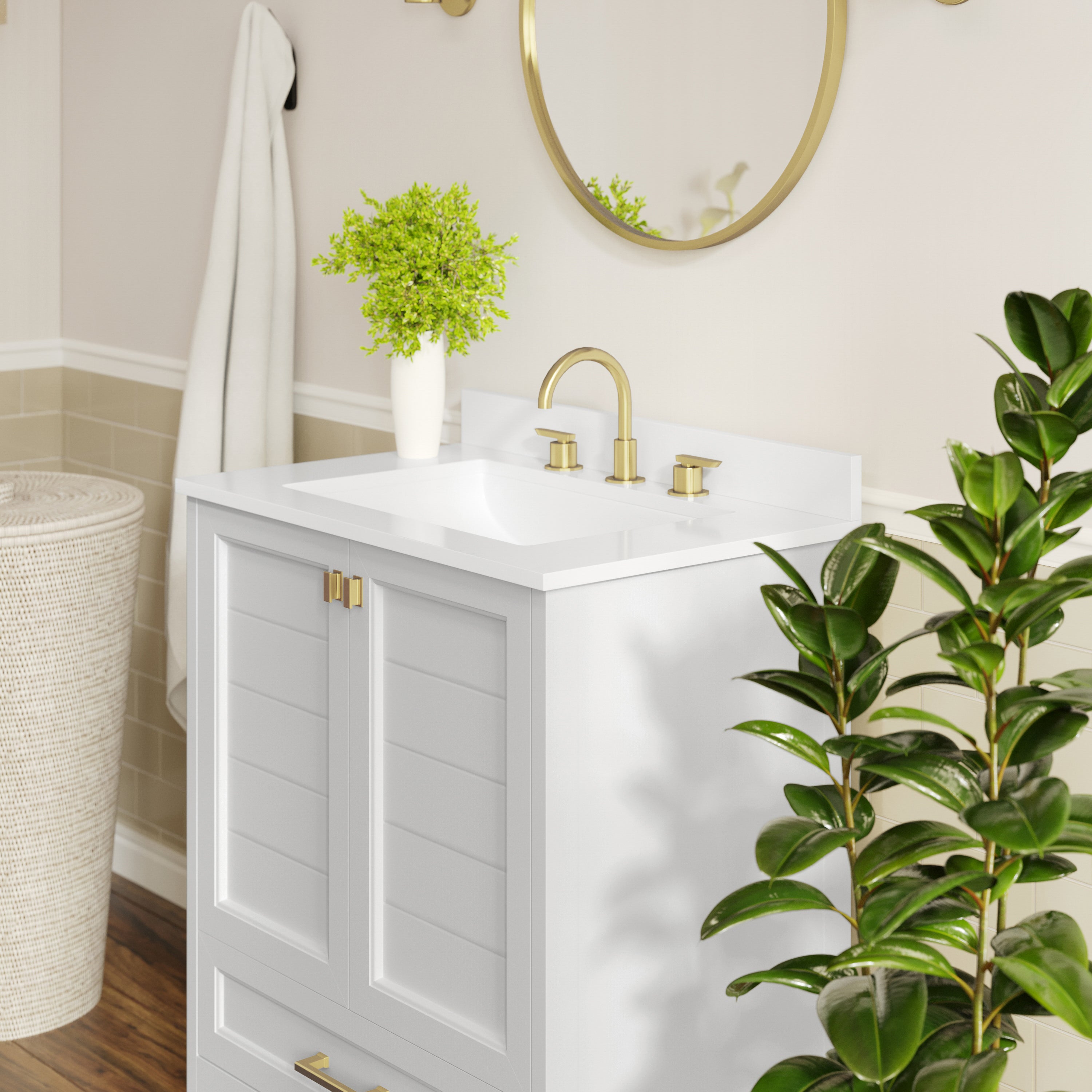 Haven 30" Bathroom Vanity with Sink, Storage Cabinet with Gold Hardware, Soft Close Doors and Bottom Drawer, Carrara Marble Finish Countertop, White