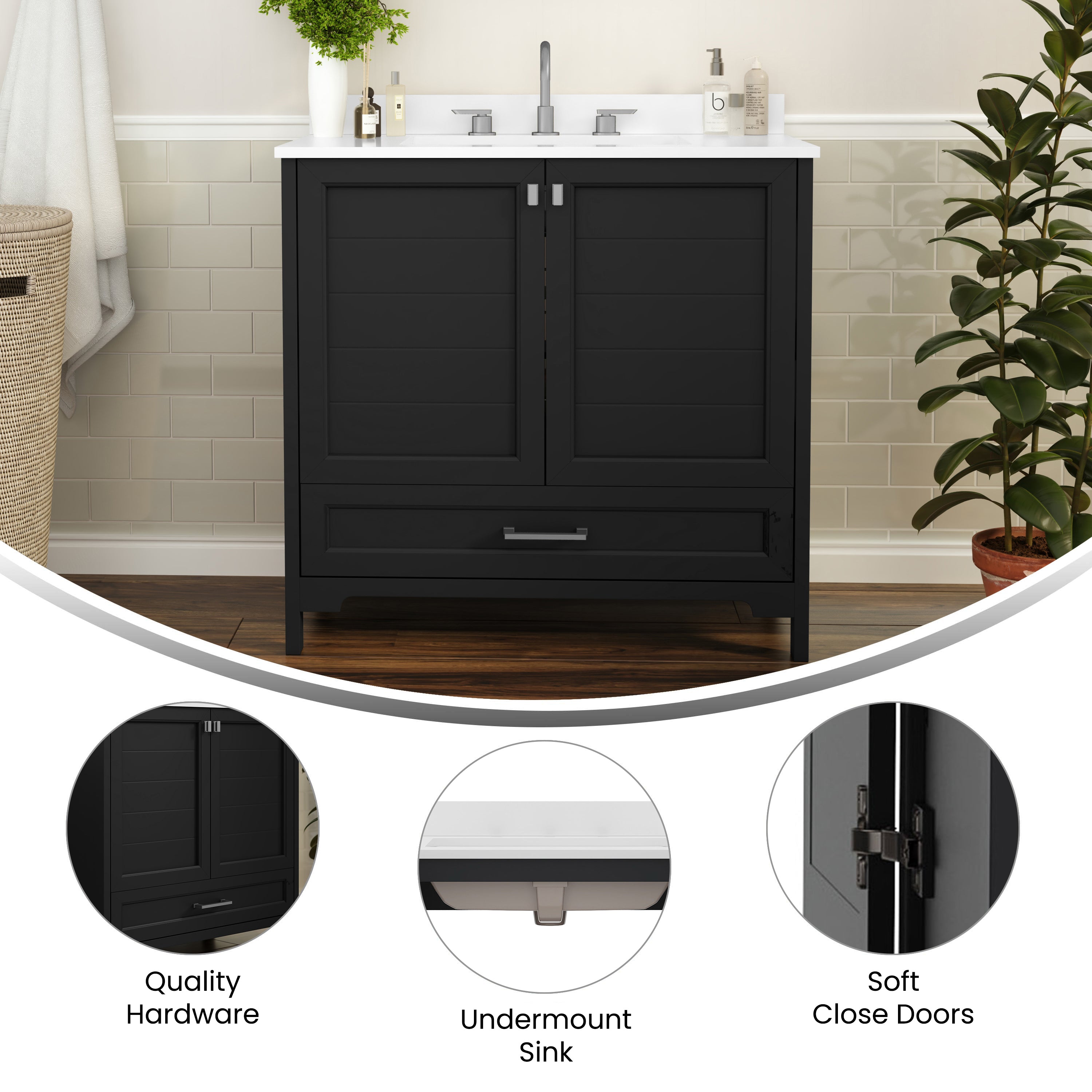 Haven 36 Inch Bathroom Vanity with Sink, Storage Cabinet with Soft Close Doors and Bottom Drawer, Carrara Marble Finish Countertop, Black