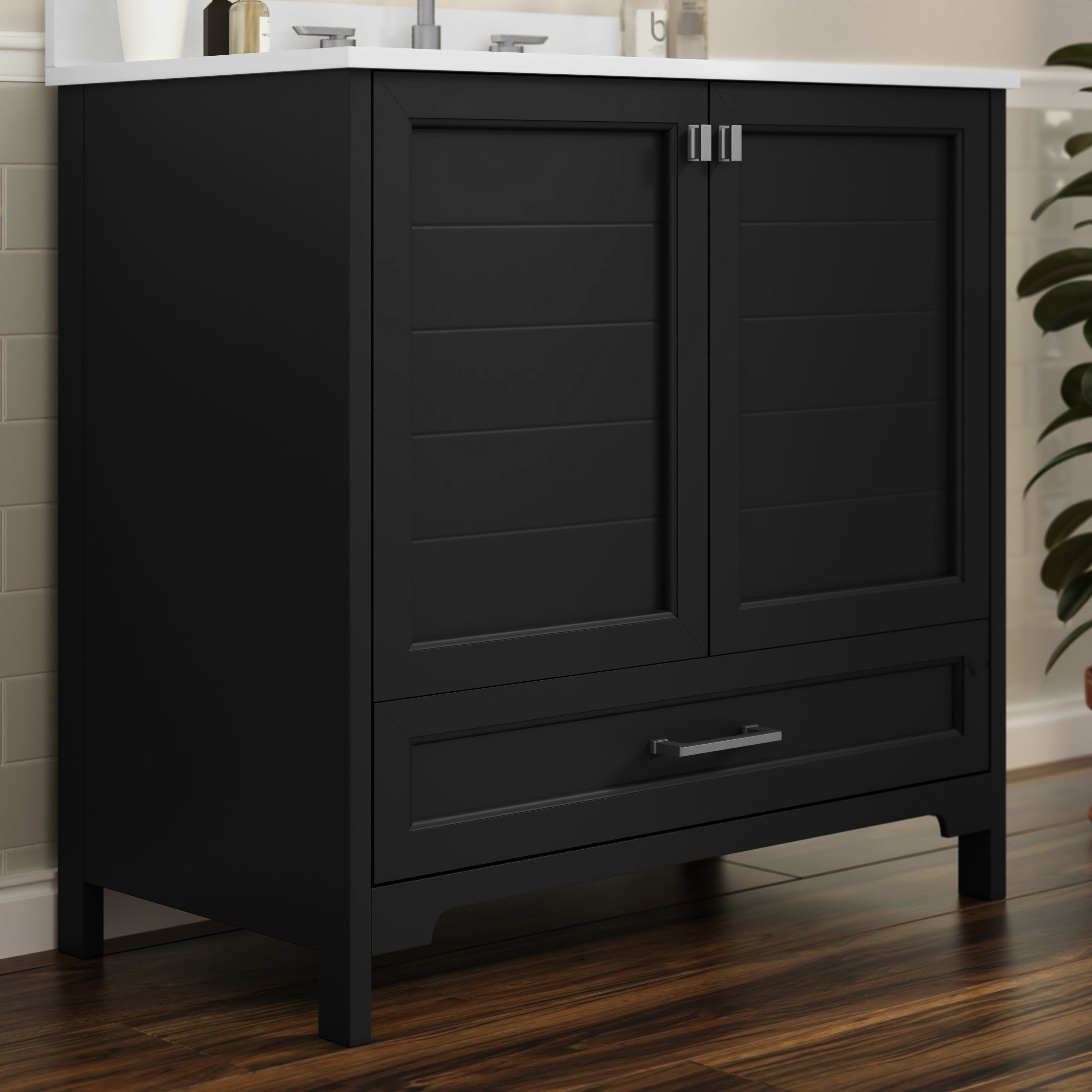 Haven 36 Inch Bathroom Vanity with Sink, Storage Cabinet with Soft Close Doors and Bottom Drawer, Carrara Marble Finish Countertop, Black