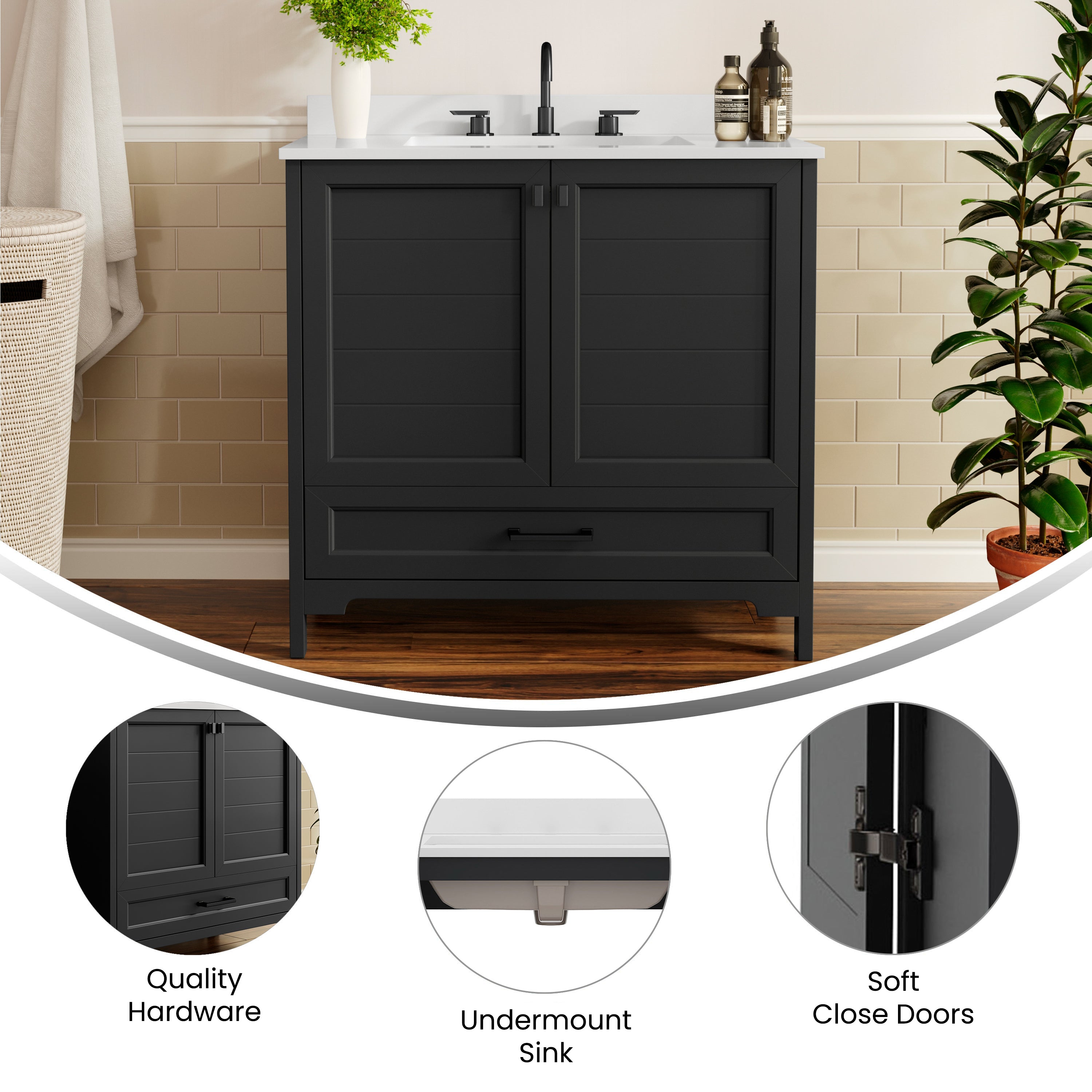 Haven 36" Bathroom Vanity with Sink, Storage Cabinet with Black Hardware, Soft Close Doors and Bottom Drawer, Carrara Marble Finish Countertop, Black
