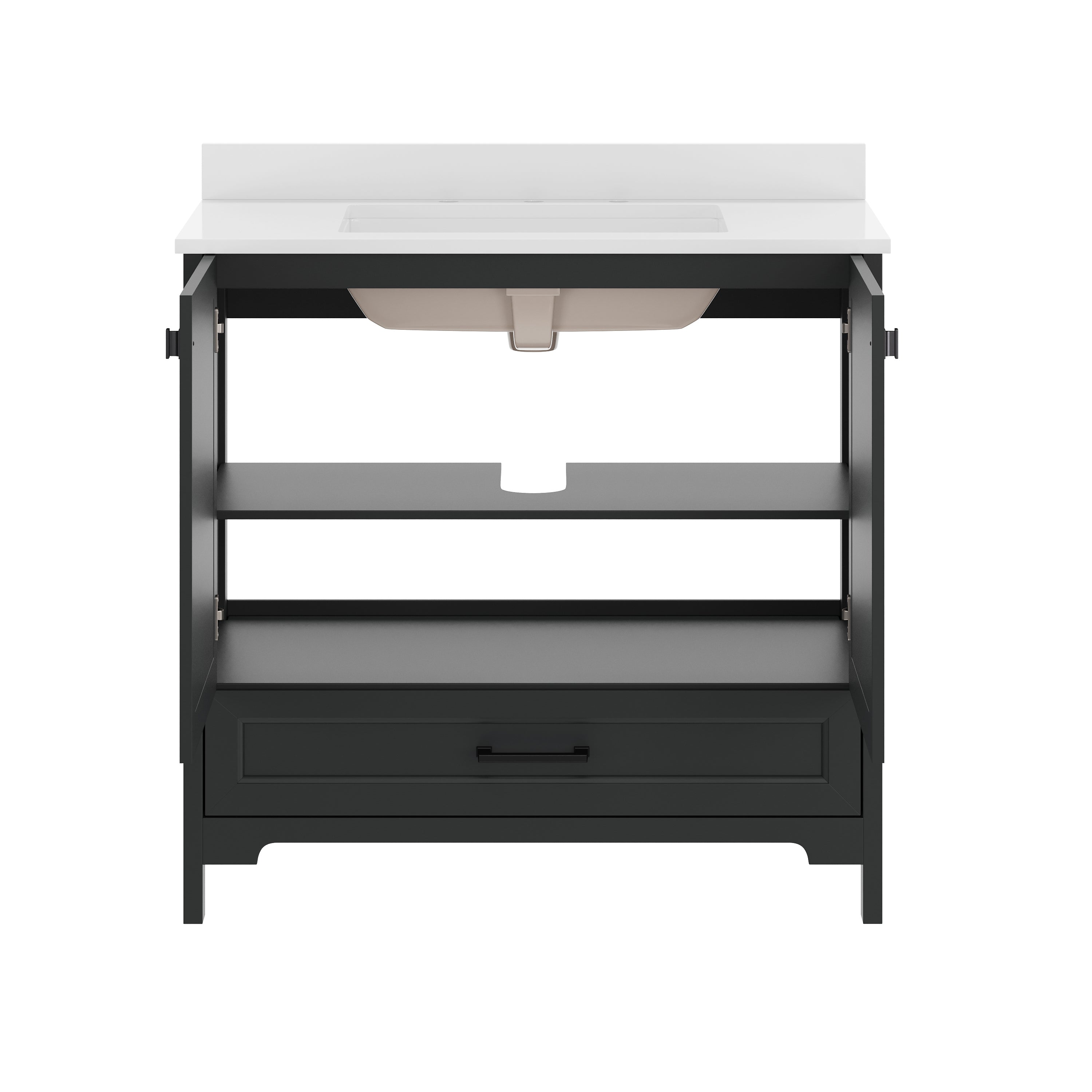 Haven 36" Bathroom Vanity with Sink, Storage Cabinet with Black Hardware, Soft Close Doors and Bottom Drawer, Carrara Marble Finish Countertop, Black