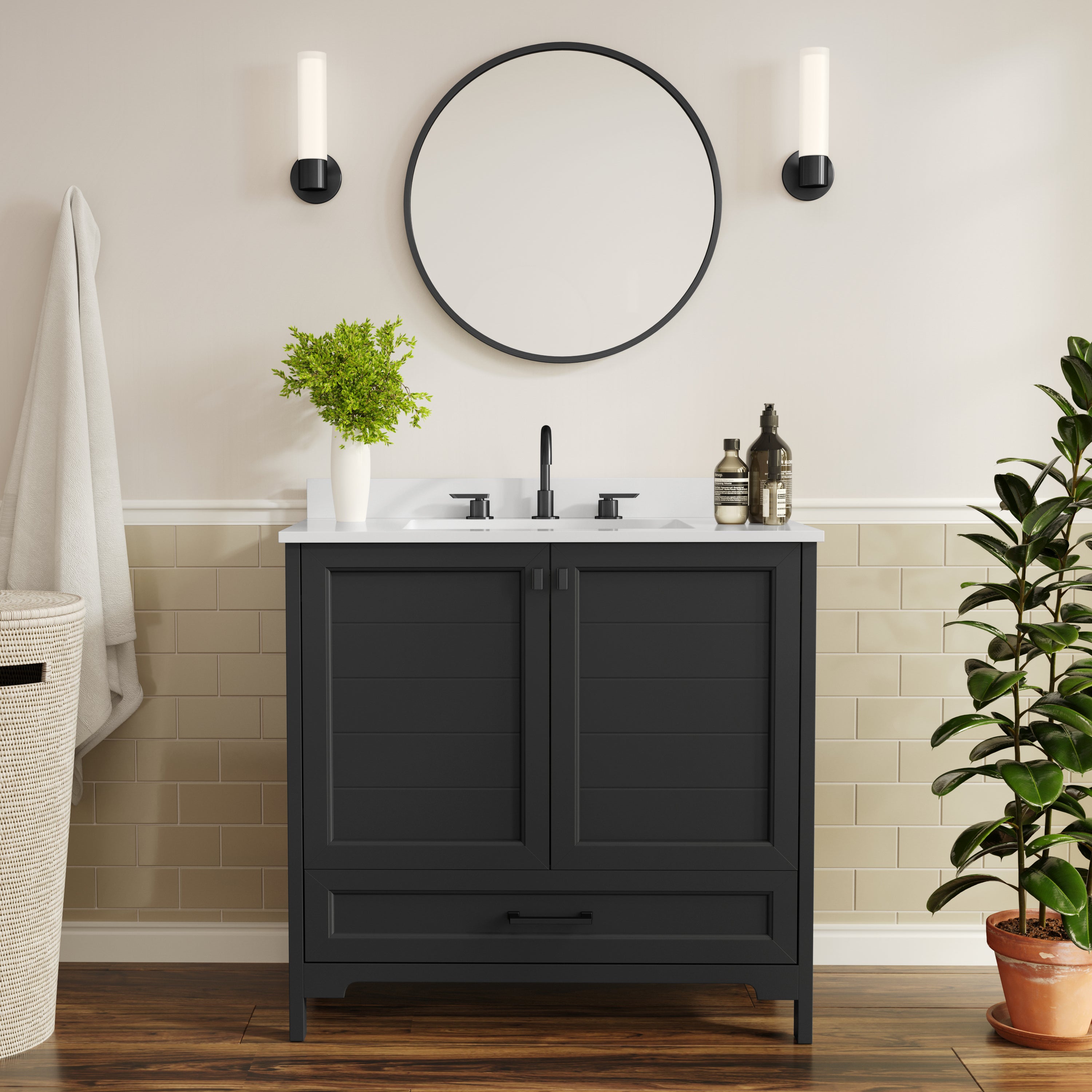 Haven 36" Bathroom Vanity with Sink, Storage Cabinet with Black Hardware, Soft Close Doors and Bottom Drawer, Carrara Marble Finish Countertop, Black