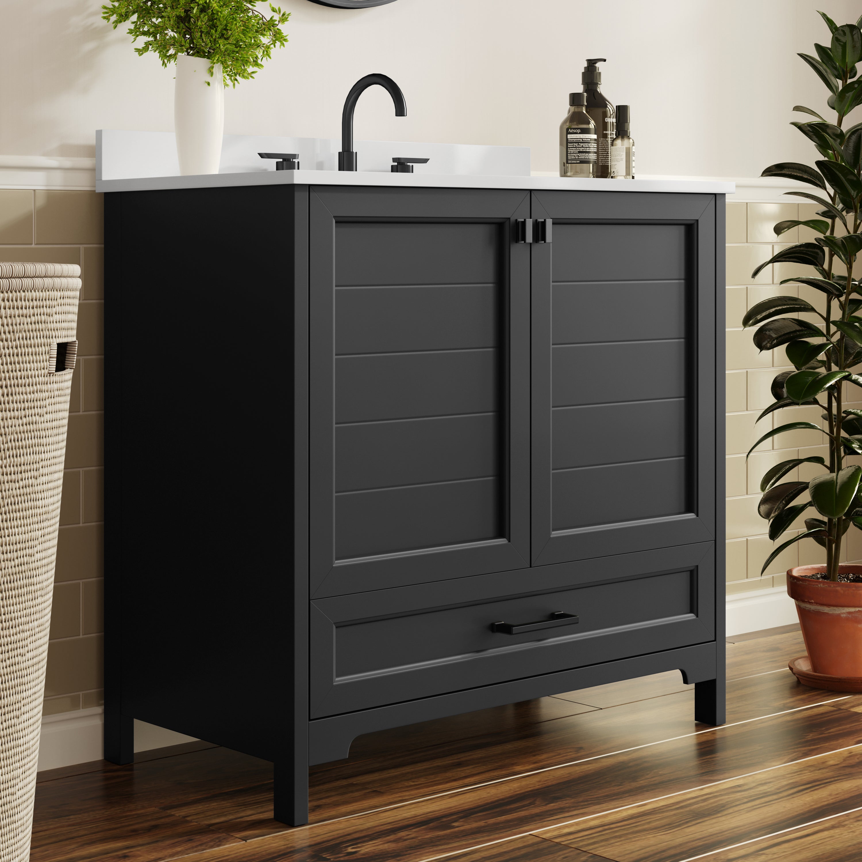 Haven 36" Bathroom Vanity with Sink, Storage Cabinet with Black Hardware, Soft Close Doors and Bottom Drawer, Carrara Marble Finish Countertop, Black