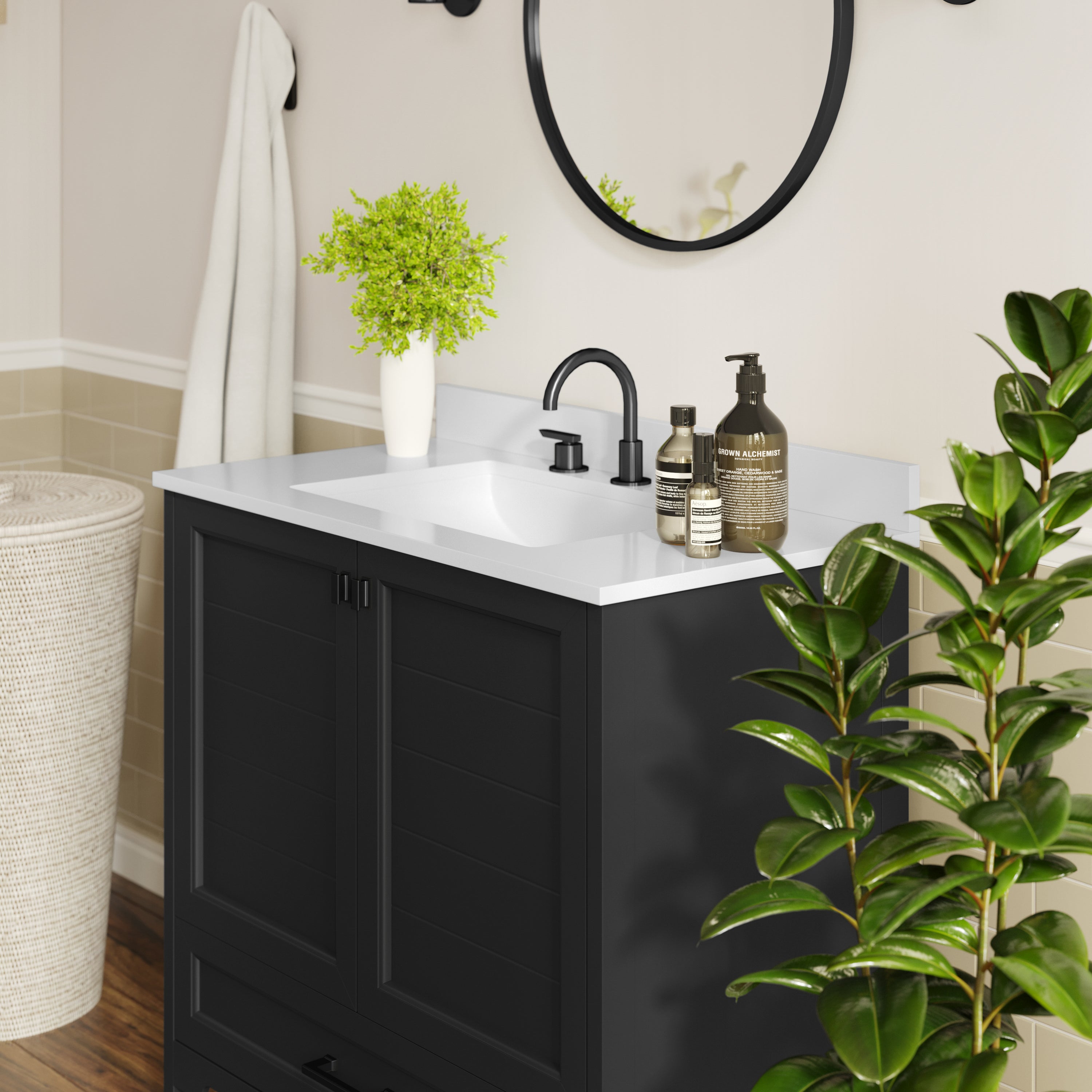 Haven 36" Bathroom Vanity with Sink, Storage Cabinet with Black Hardware, Soft Close Doors and Bottom Drawer, Carrara Marble Finish Countertop, Black