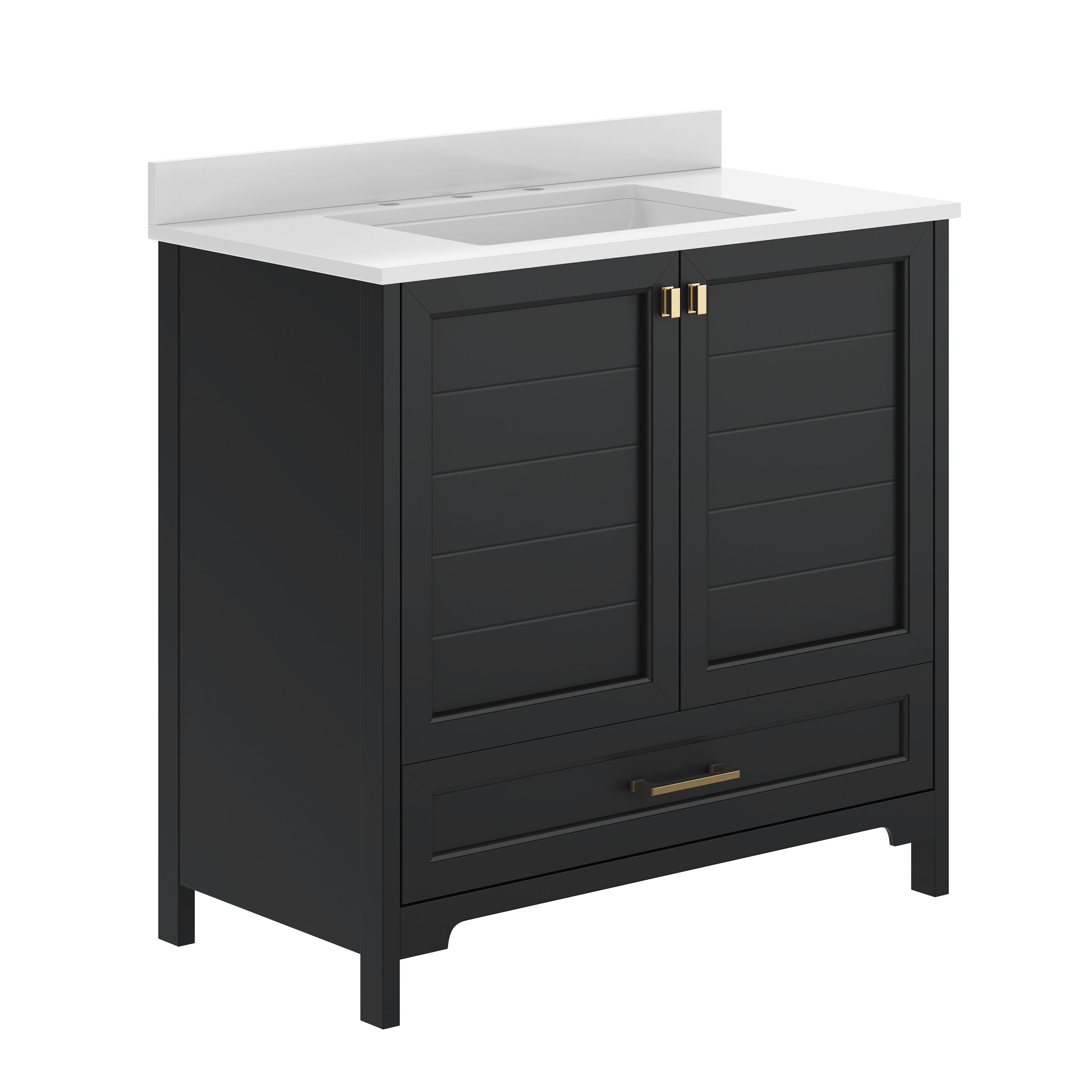 Haven 36" Bathroom Vanity with Sink, Storage Cabinet with Gold Hardware, Soft Close Doors and Bottom Drawer, Carrara Marble Finish Countertop, Black