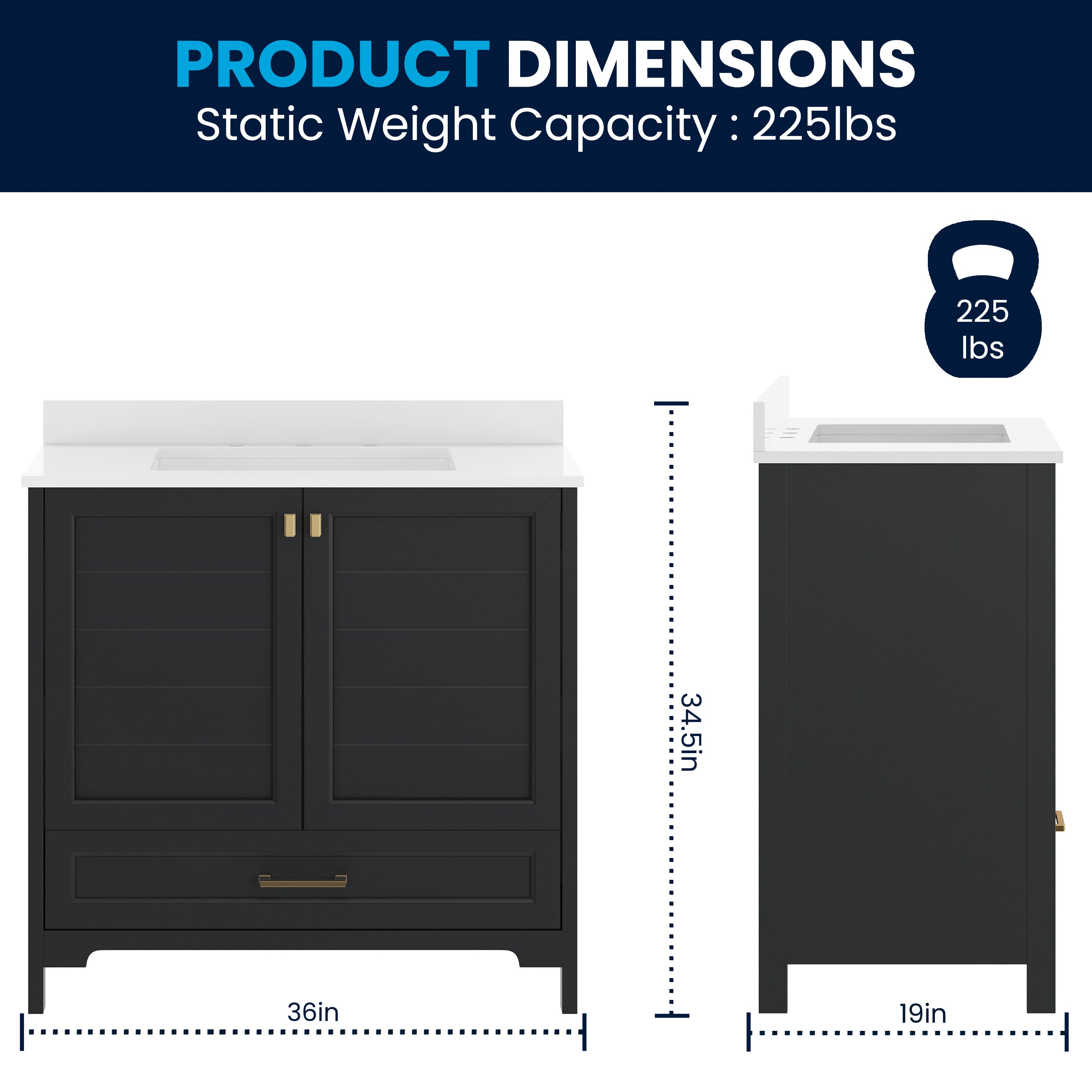 Haven 36" Bathroom Vanity with Sink, Storage Cabinet with Gold Hardware, Soft Close Doors and Bottom Drawer, Carrara Marble Finish Countertop, Black