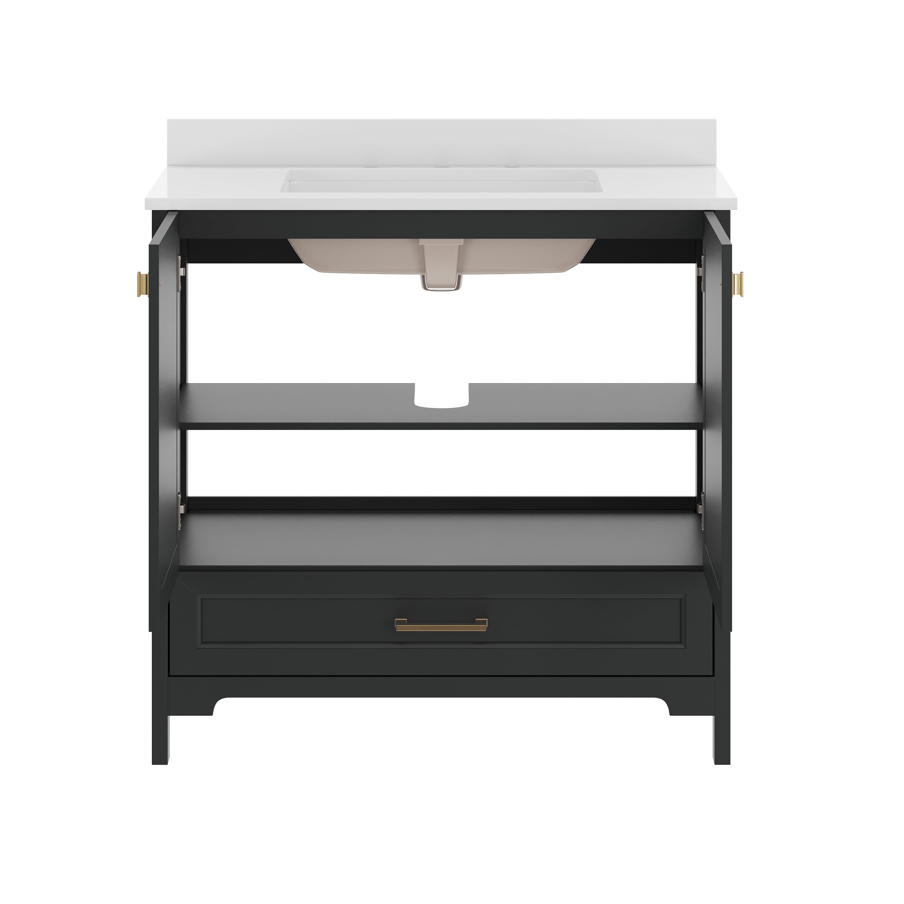 Haven 36" Bathroom Vanity with Sink, Storage Cabinet with Gold Hardware, Soft Close Doors and Bottom Drawer, Carrara Marble Finish Countertop, Black