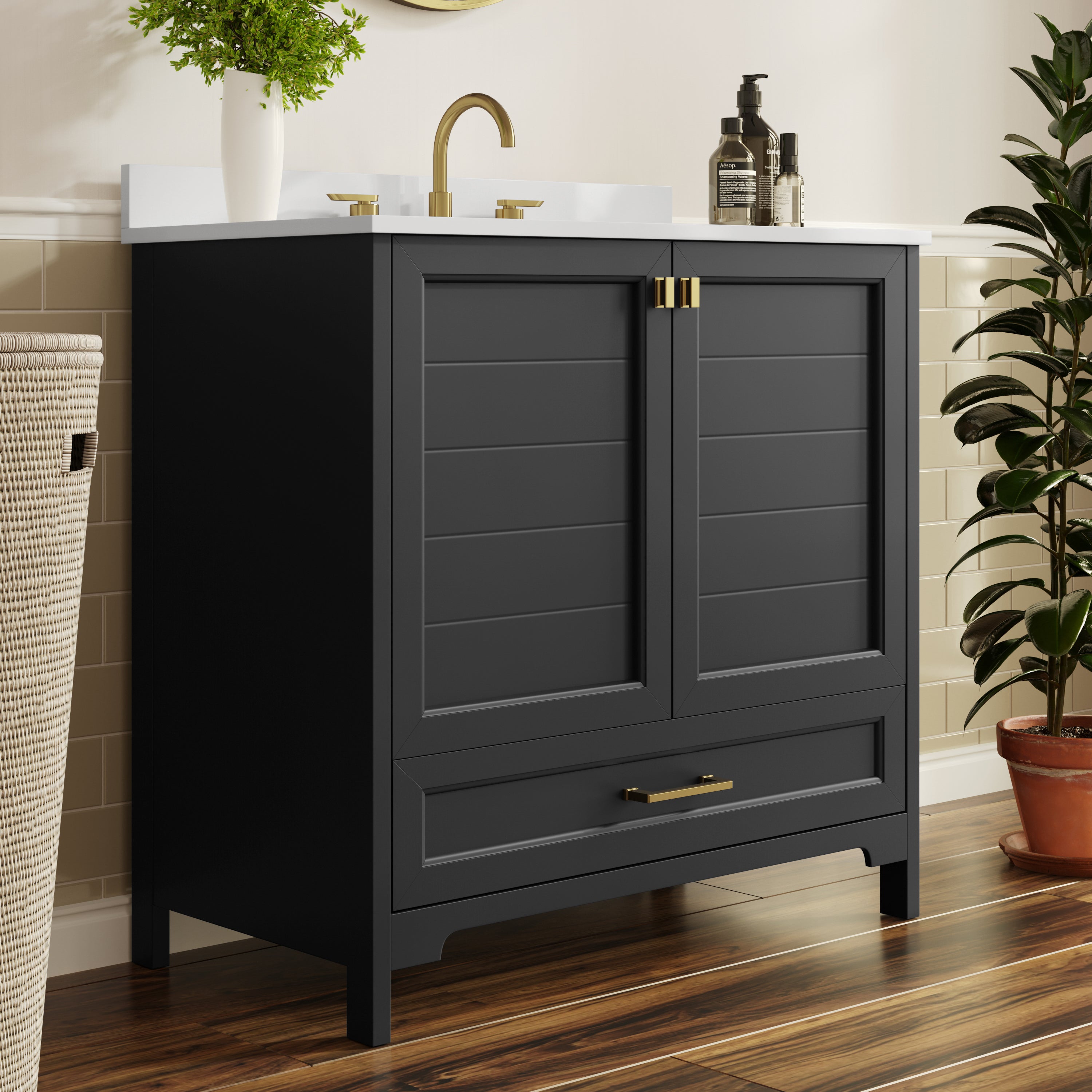 Haven 36" Bathroom Vanity with Sink, Storage Cabinet with Gold Hardware, Soft Close Doors and Bottom Drawer, Carrara Marble Finish Countertop, Black