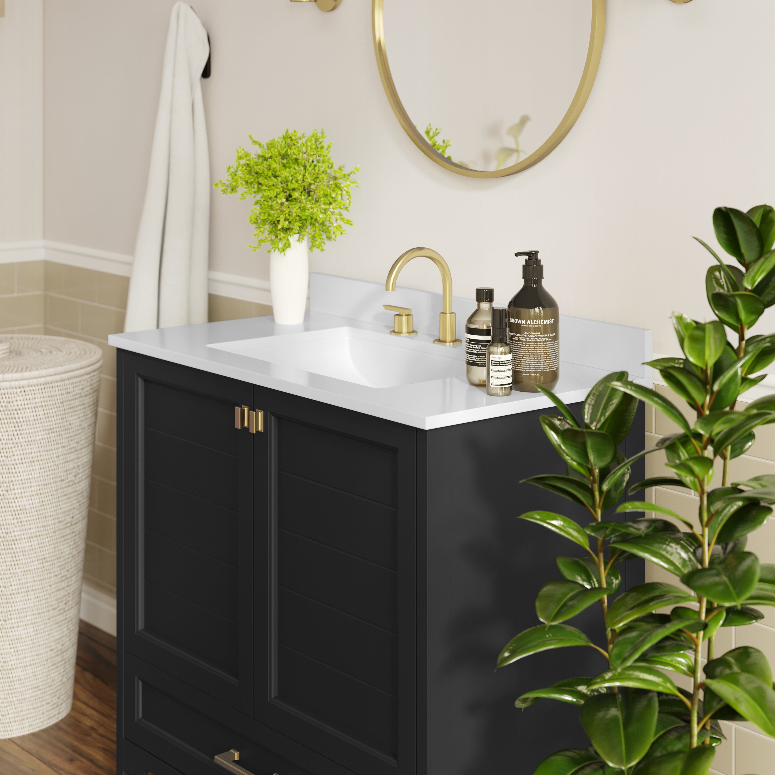 Haven 36" Bathroom Vanity with Sink, Storage Cabinet with Gold Hardware, Soft Close Doors and Bottom Drawer, Carrara Marble Finish Countertop, Black