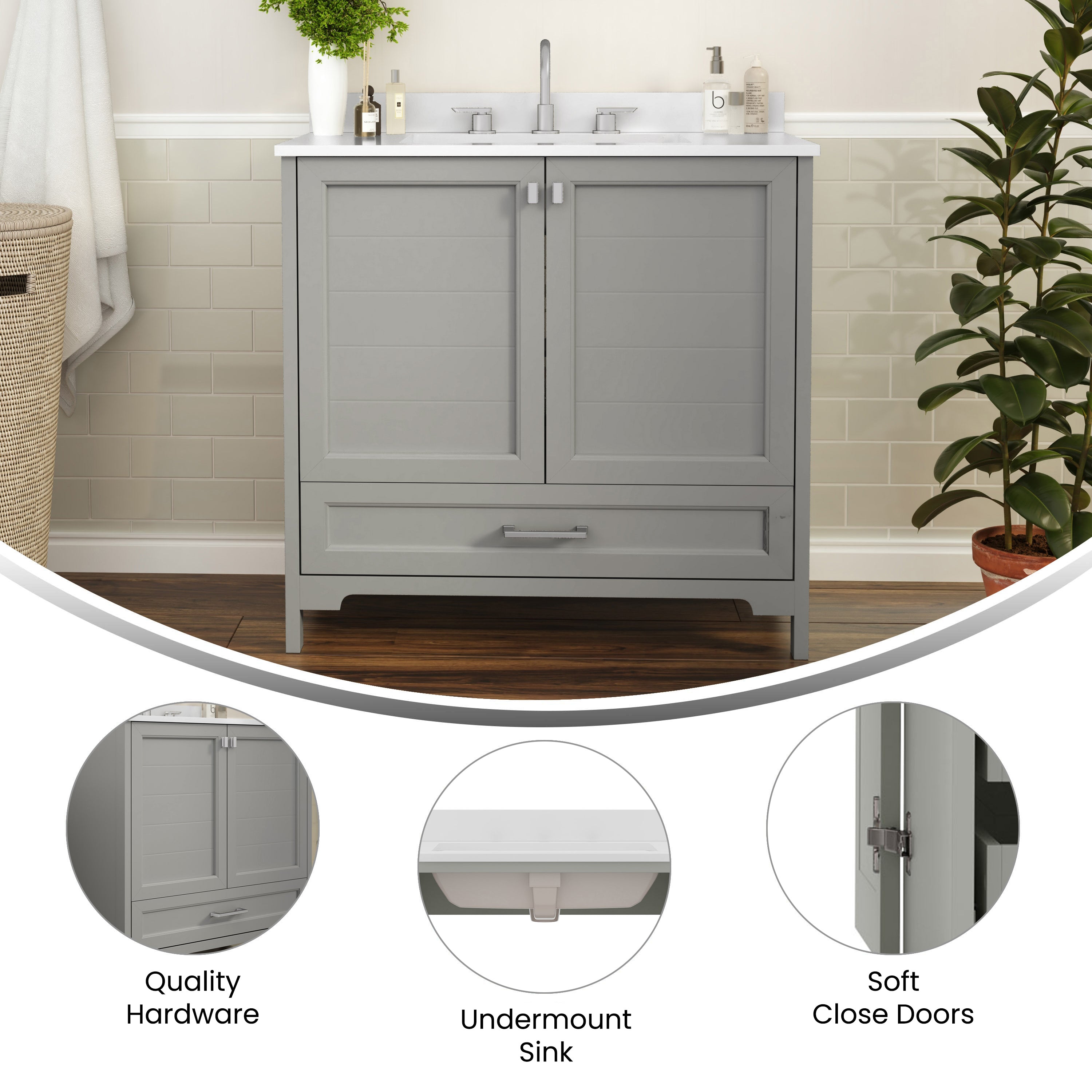 Haven 36 Inch Bathroom Vanity with Sink, Storage Cabinet with Soft Close Doors and Bottom Drawer, Carrara Marble Finish Countertop, Gray