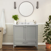 Haven 36 Inch Bathroom Vanity with Sink, Storage Cabinet with Soft Close Doors and Bottom Drawer, Carrara Marble Finish Countertop, Gray