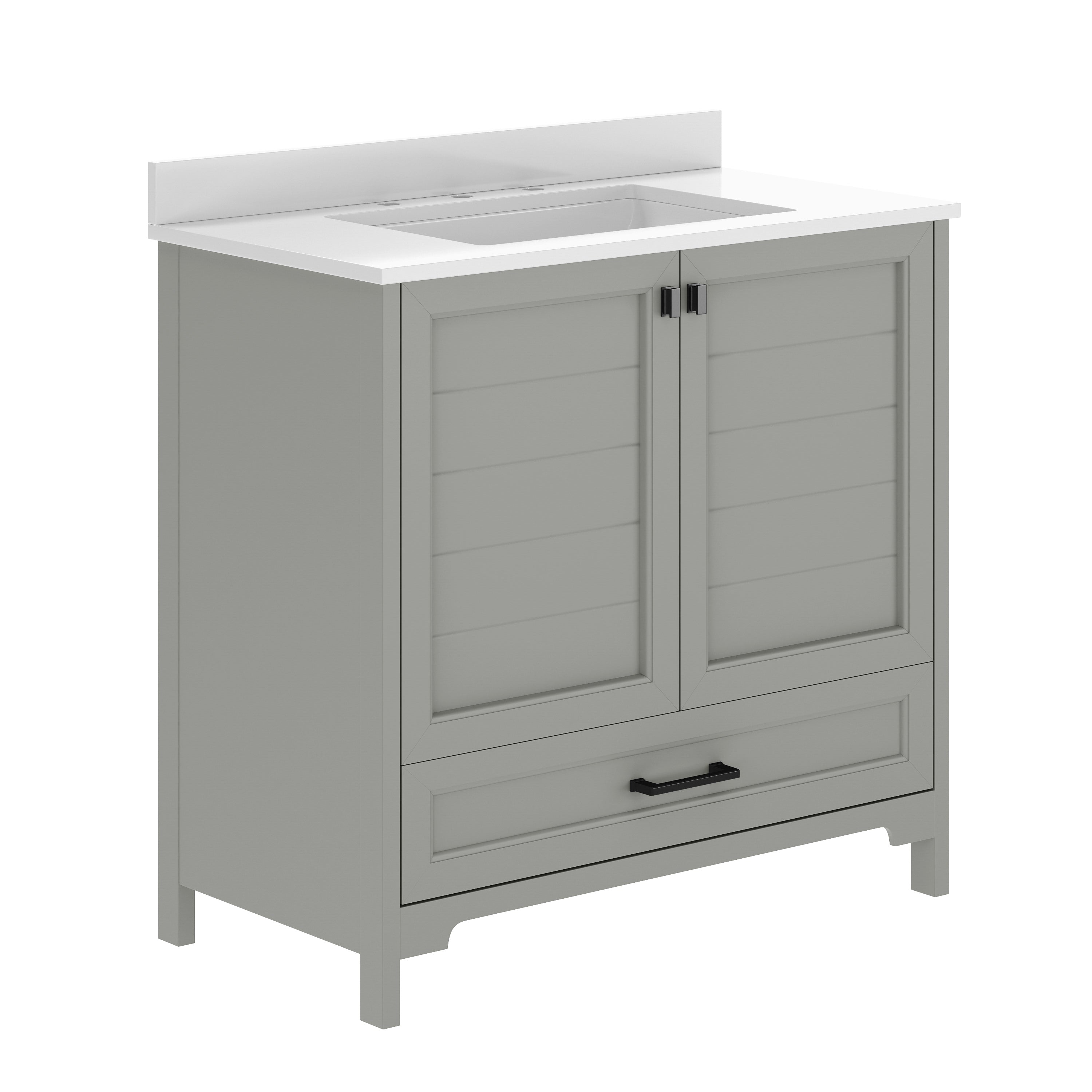 Haven 36" Bathroom Vanity with Sink, Storage Cabinet with Black Hardware, Soft Close Doors and Bottom Drawer, Carrara Marble Finish Countertop, Gray