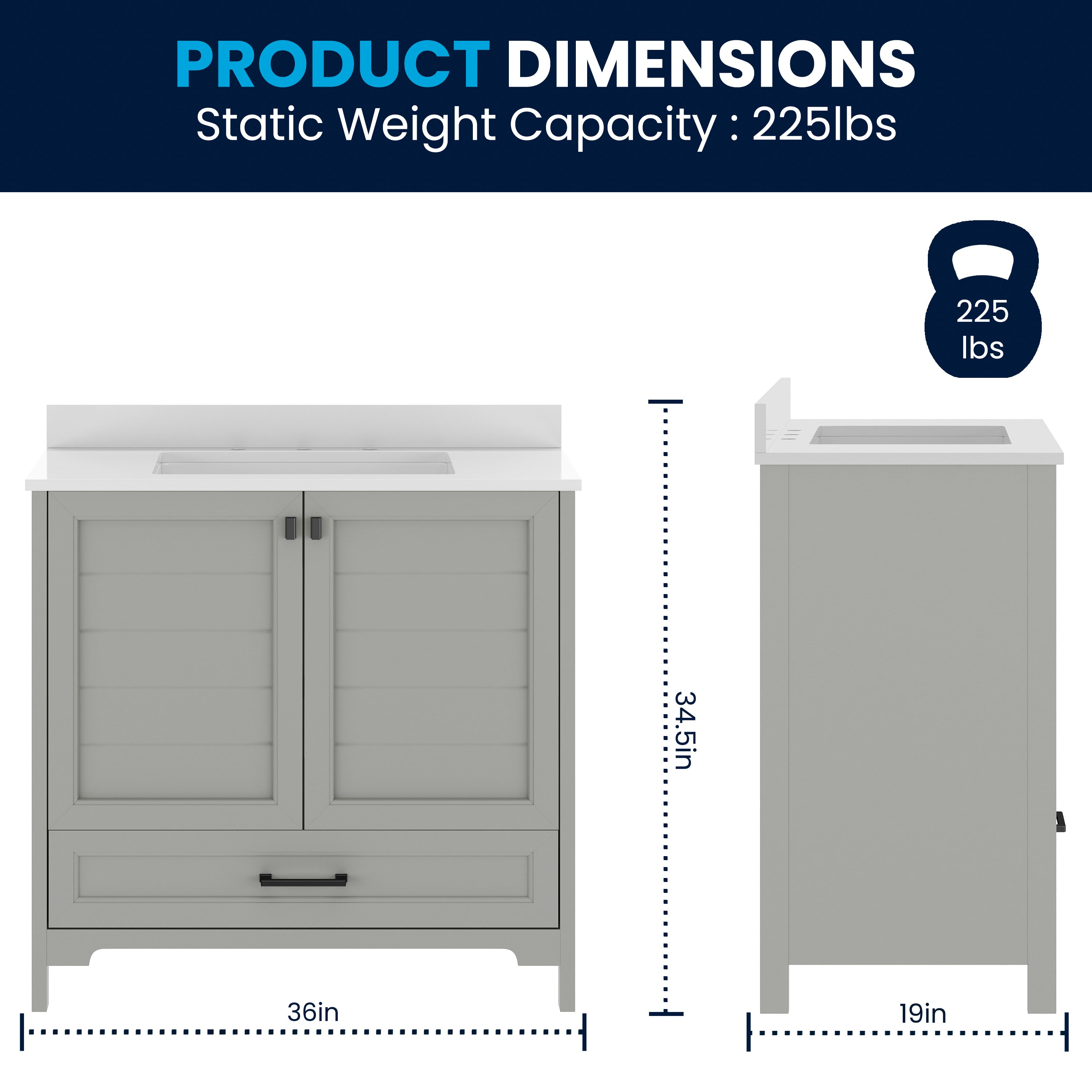 Haven 36" Bathroom Vanity with Sink, Storage Cabinet with Black Hardware, Soft Close Doors and Bottom Drawer, Carrara Marble Finish Countertop, Gray