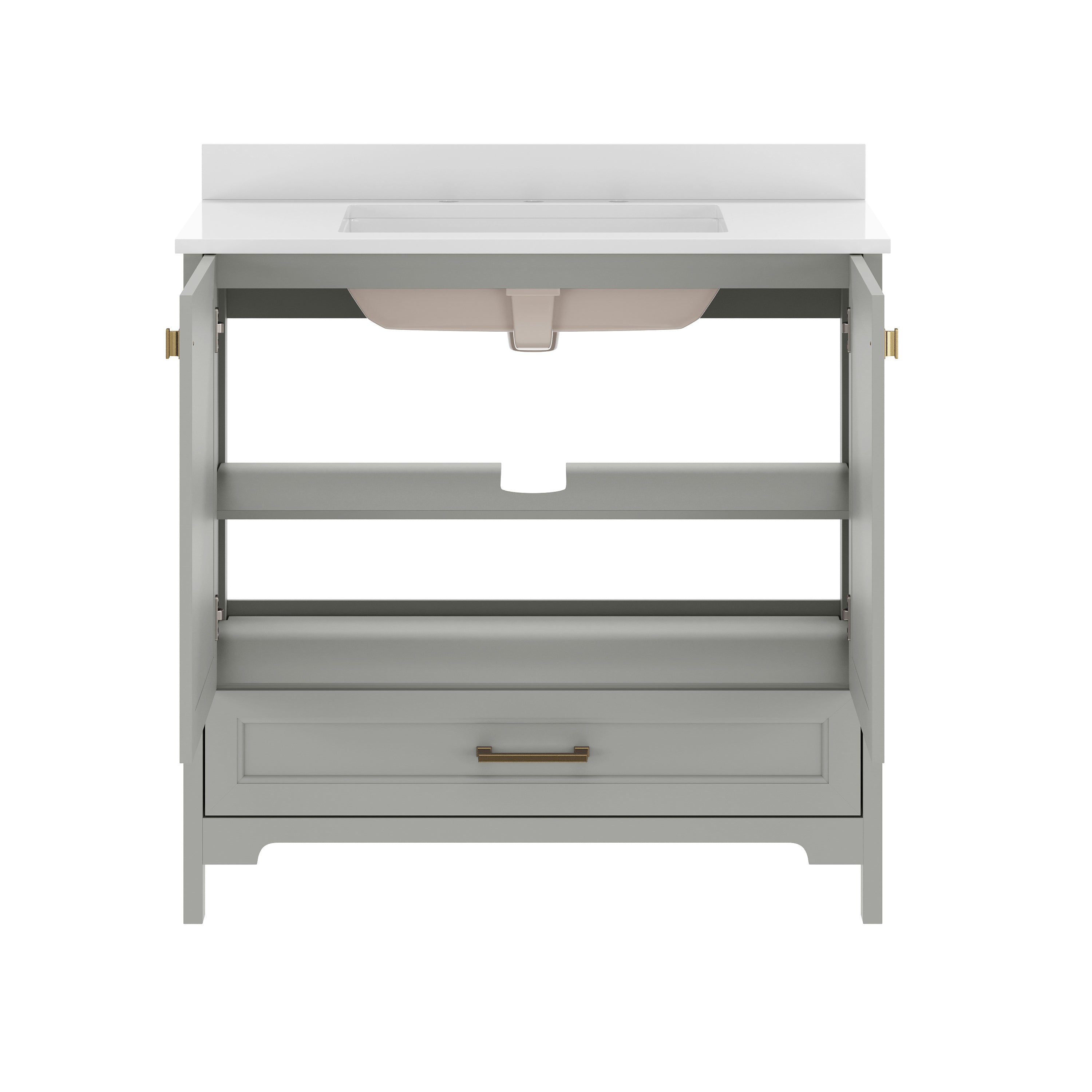 Haven 36" Bathroom Vanity with Sink, Storage Cabinet with Black Hardware, Soft Close Doors and Bottom Drawer, Carrara Marble Finish Countertop, Gray