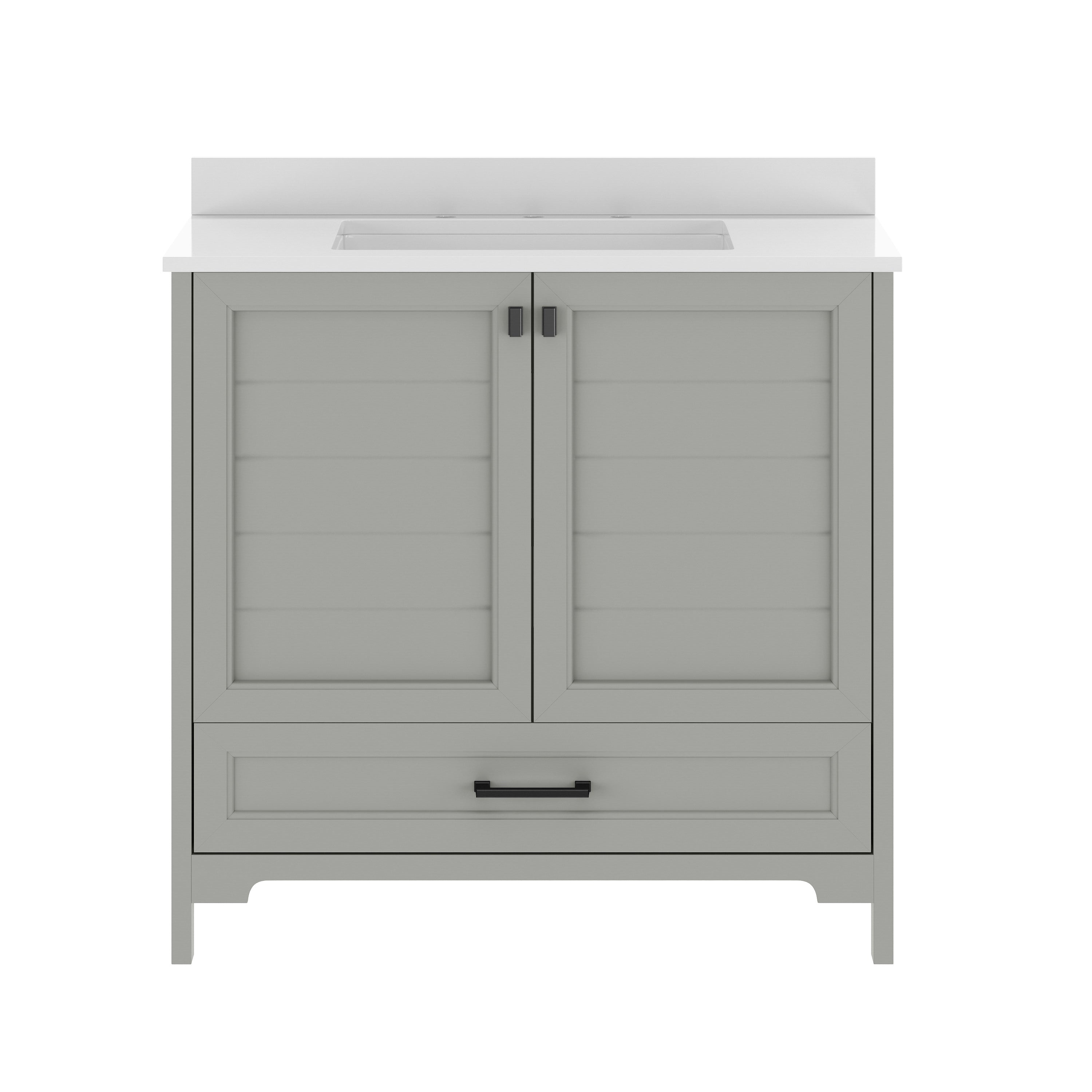Haven 36" Bathroom Vanity with Sink, Storage Cabinet with Black Hardware, Soft Close Doors and Bottom Drawer, Carrara Marble Finish Countertop, Gray