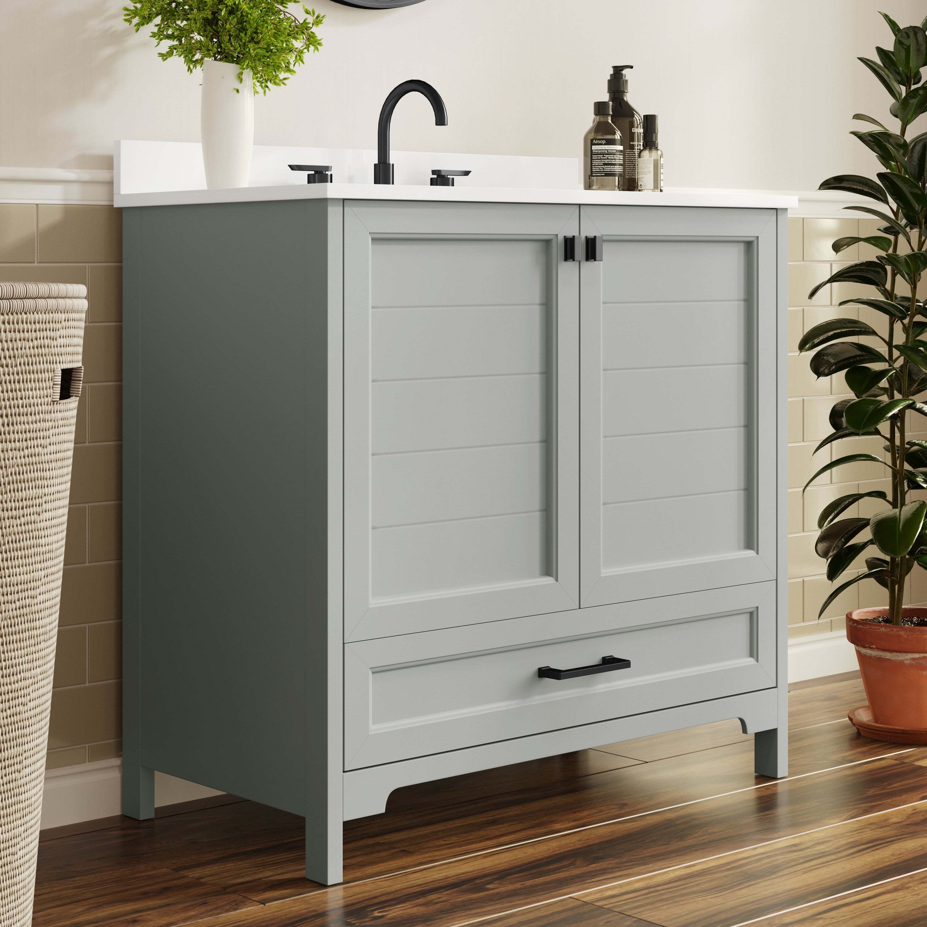 Haven 36" Bathroom Vanity with Sink, Storage Cabinet with Black Hardware, Soft Close Doors and Bottom Drawer, Carrara Marble Finish Countertop, Gray