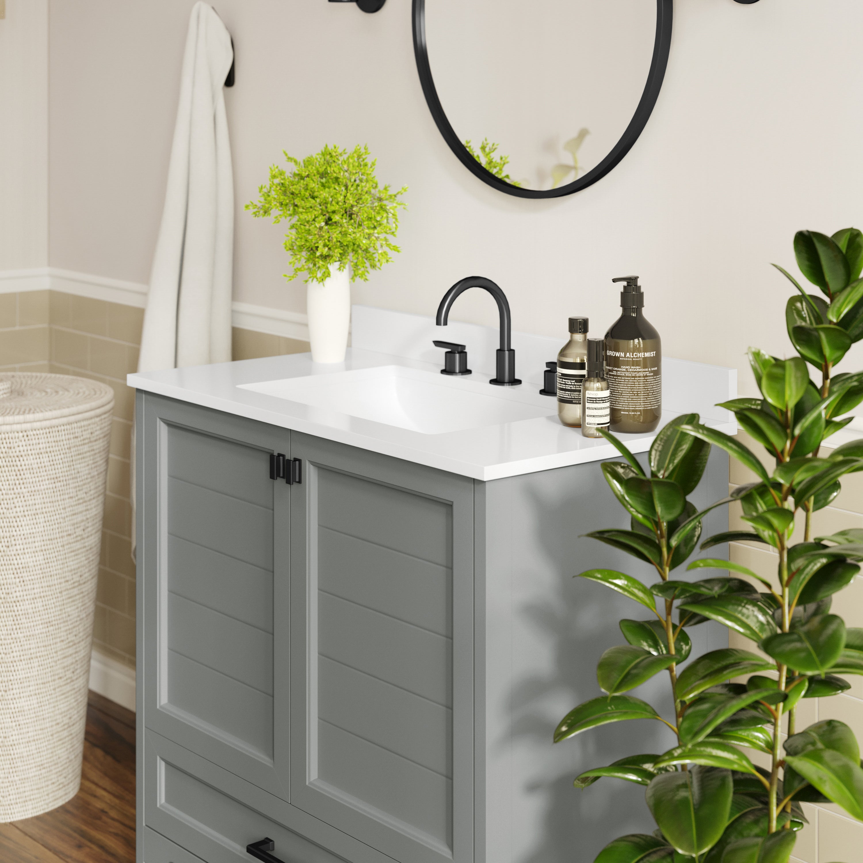 Haven 36" Bathroom Vanity with Sink, Storage Cabinet with Black Hardware, Soft Close Doors and Bottom Drawer, Carrara Marble Finish Countertop, Gray