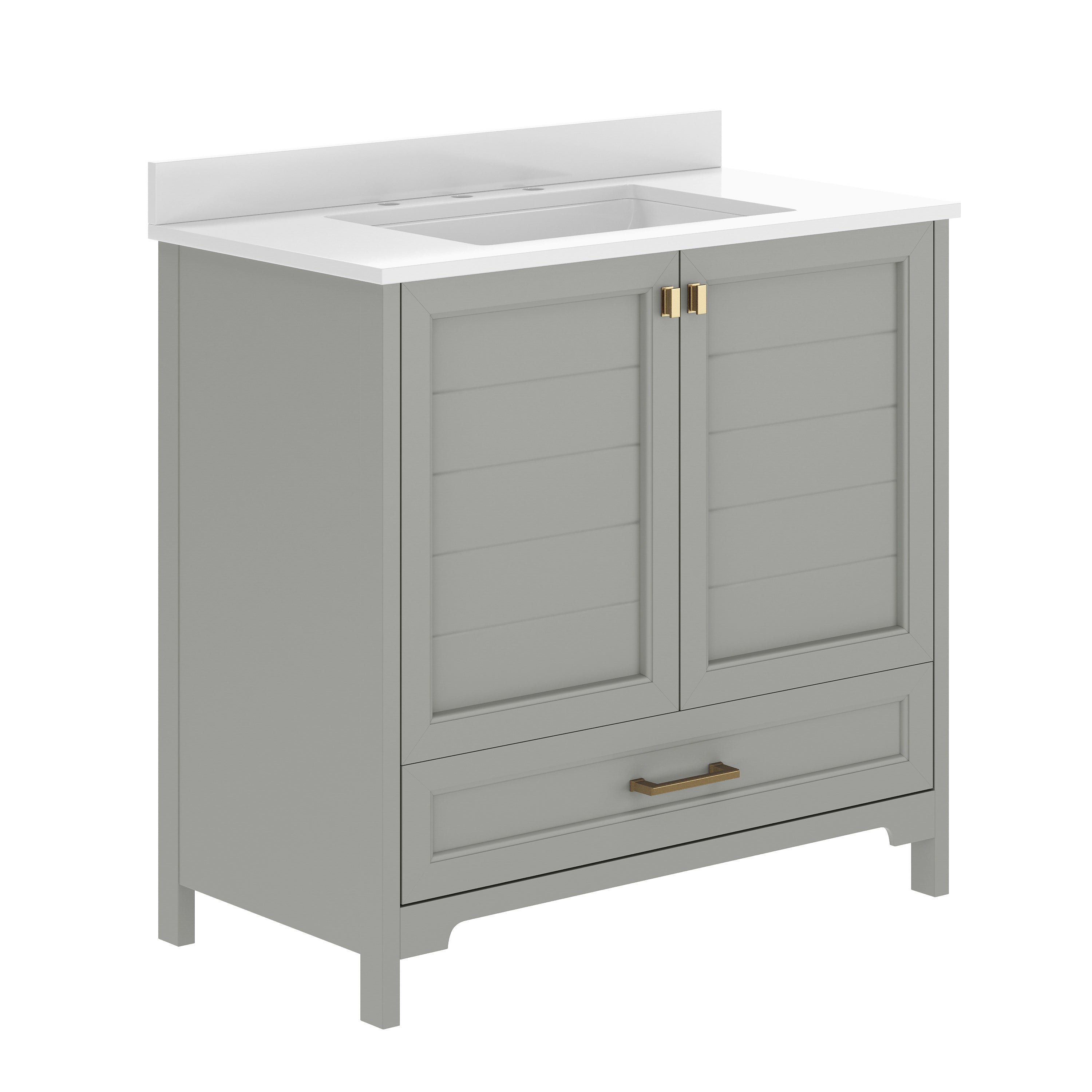 Haven 36" Bathroom Vanity with Sink, Storage Cabinet with Gold Hardware, Soft Close Doors and Bottom Drawer, Carrara Marble Finish Countertop, Gray