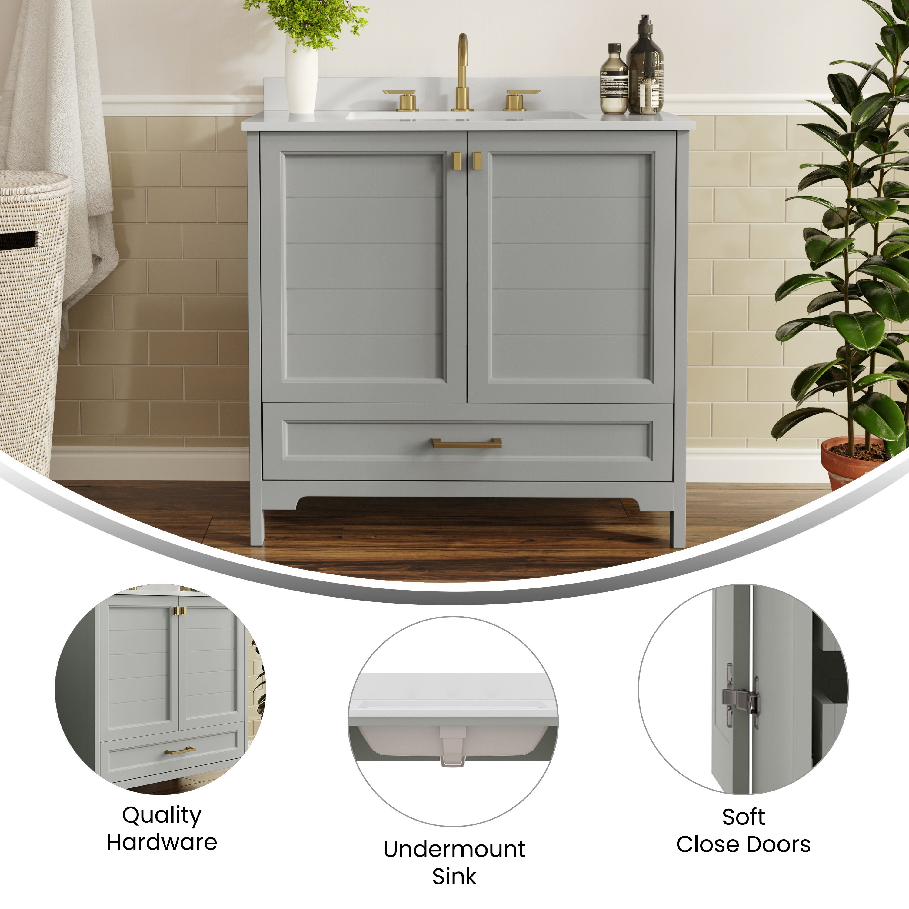 Haven 36" Bathroom Vanity with Sink, Storage Cabinet with Gold Hardware, Soft Close Doors and Bottom Drawer, Carrara Marble Finish Countertop, Gray