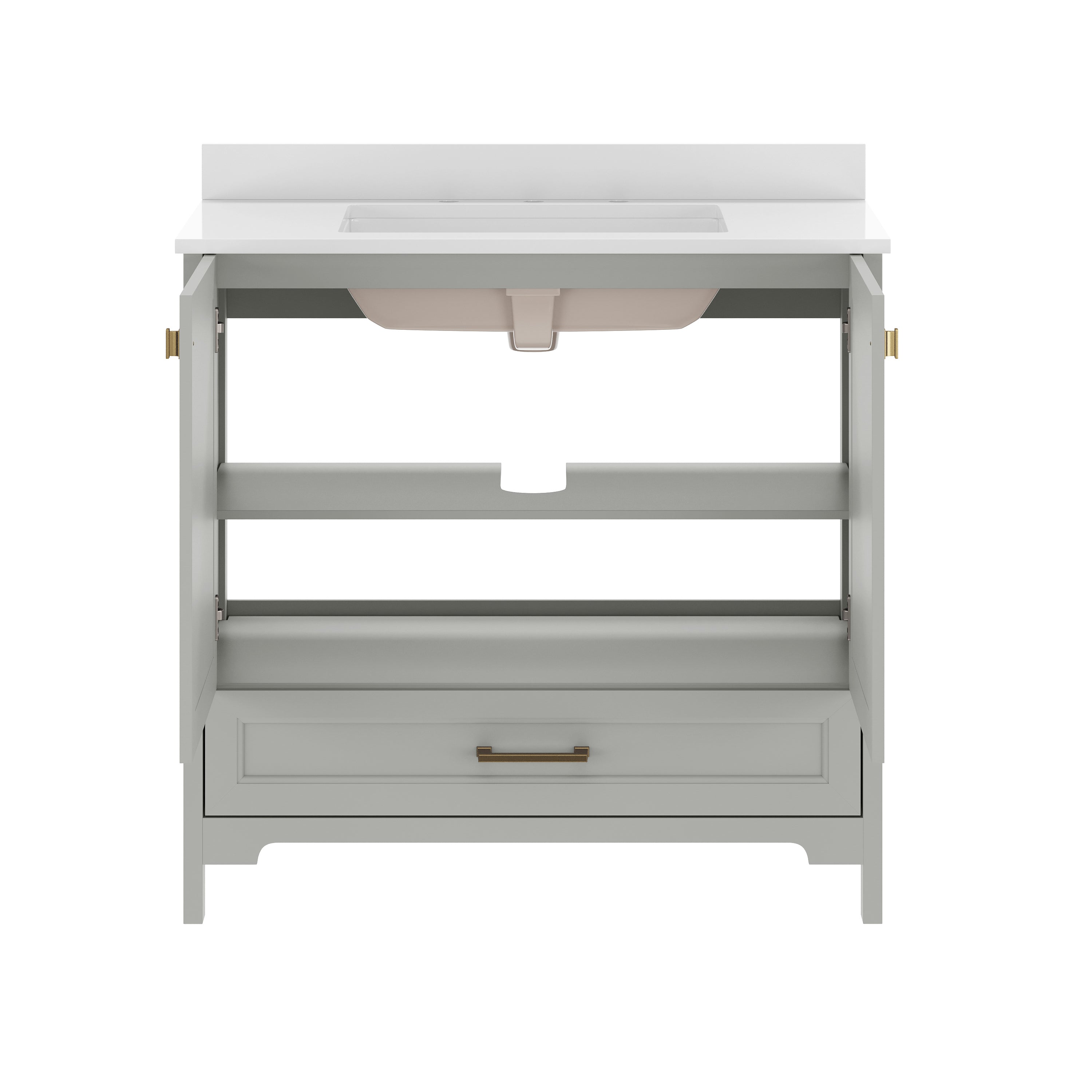 Haven 36" Bathroom Vanity with Sink, Storage Cabinet with Gold Hardware, Soft Close Doors and Bottom Drawer, Carrara Marble Finish Countertop, Gray