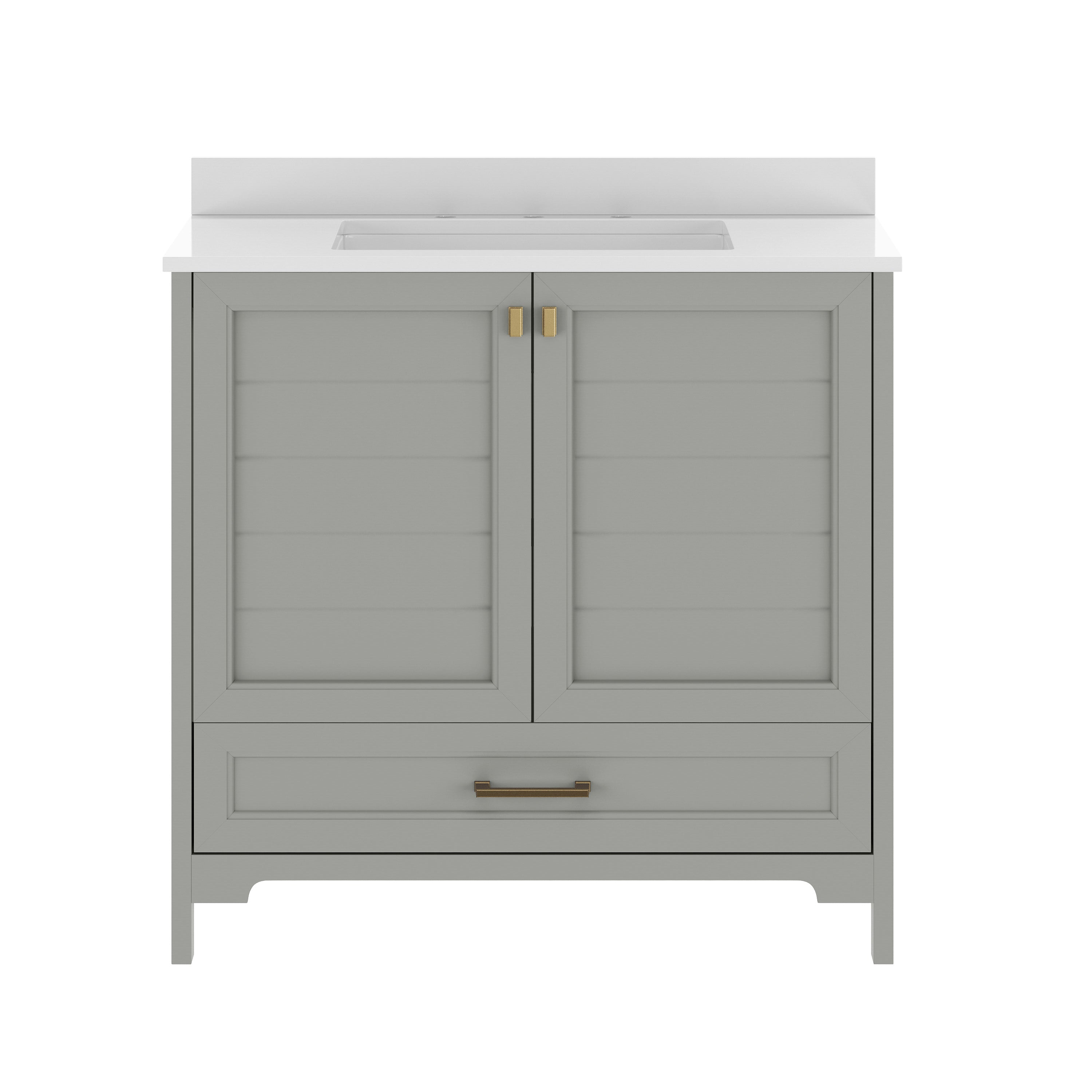 Haven 36" Bathroom Vanity with Sink, Storage Cabinet with Gold Hardware, Soft Close Doors and Bottom Drawer, Carrara Marble Finish Countertop, Gray
