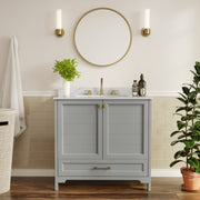 Haven 36" Bathroom Vanity with Sink, Storage Cabinet with Gold Hardware, Soft Close Doors and Bottom Drawer, Carrara Marble Finish Countertop, Gray