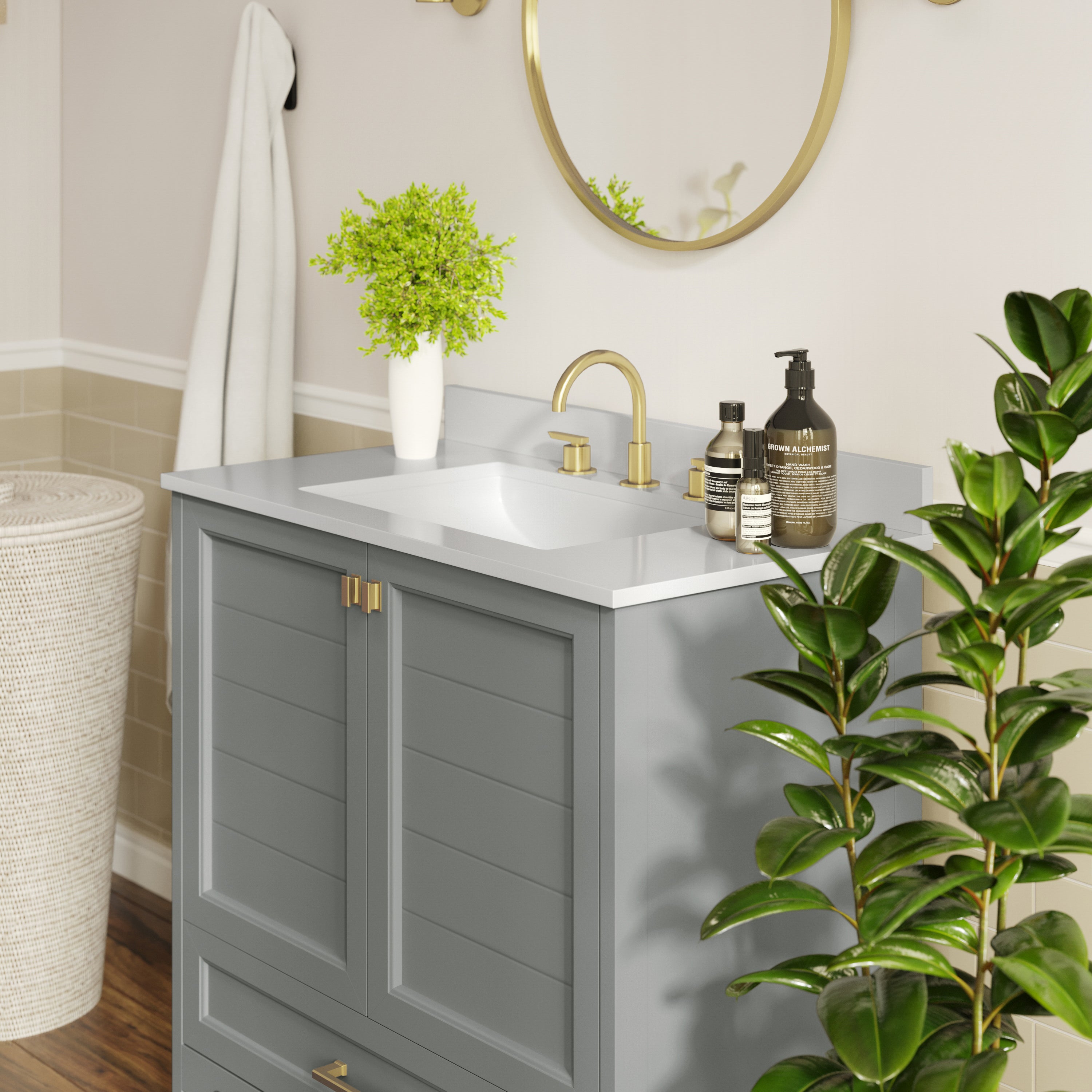 Haven 36" Bathroom Vanity with Sink, Storage Cabinet with Gold Hardware, Soft Close Doors and Bottom Drawer, Carrara Marble Finish Countertop, Gray