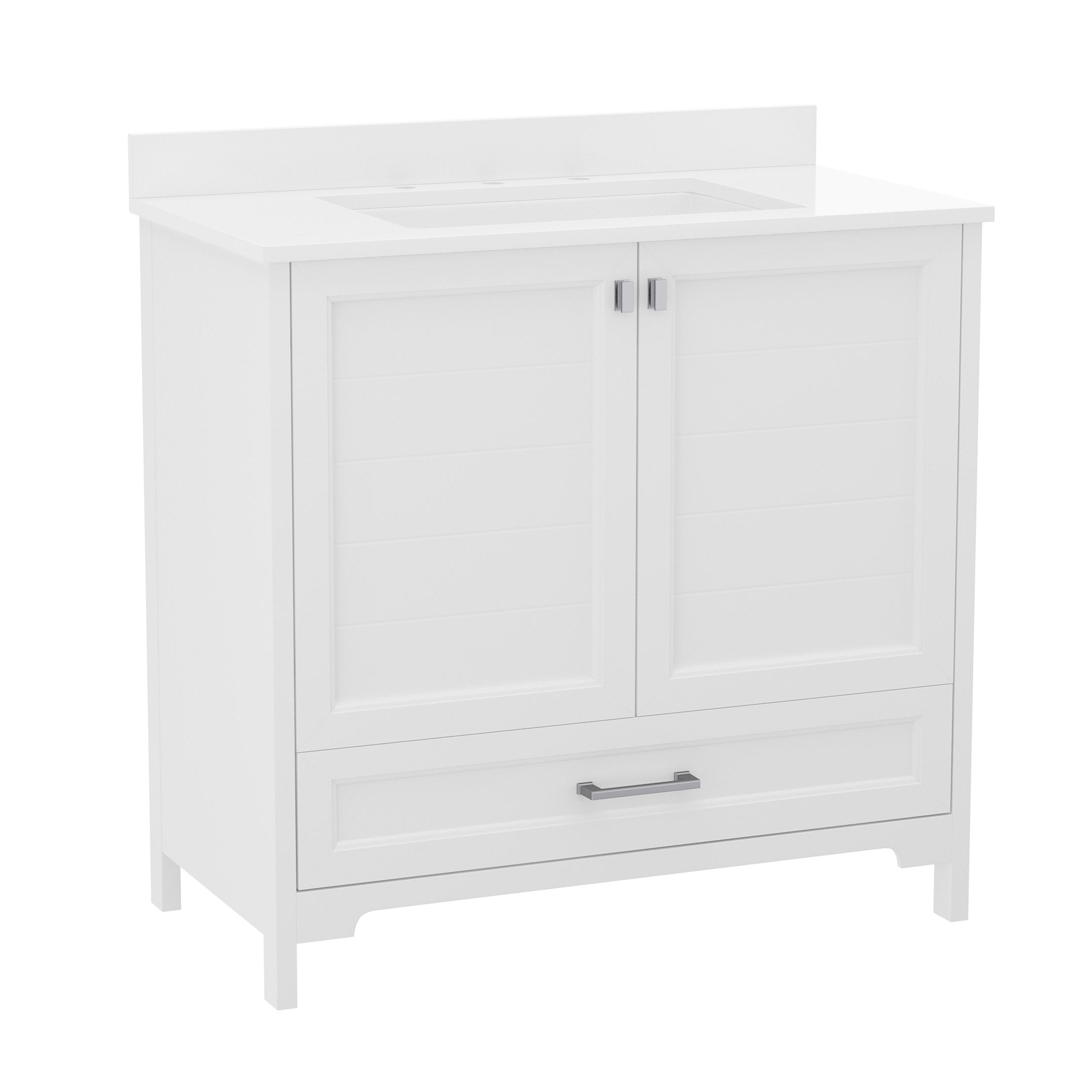 Haven 36 Inch Bathroom Vanity with Sink, Storage Cabinet with Soft Close Doors and Bottom Drawer, Carrara Marble Finish Countertop, White