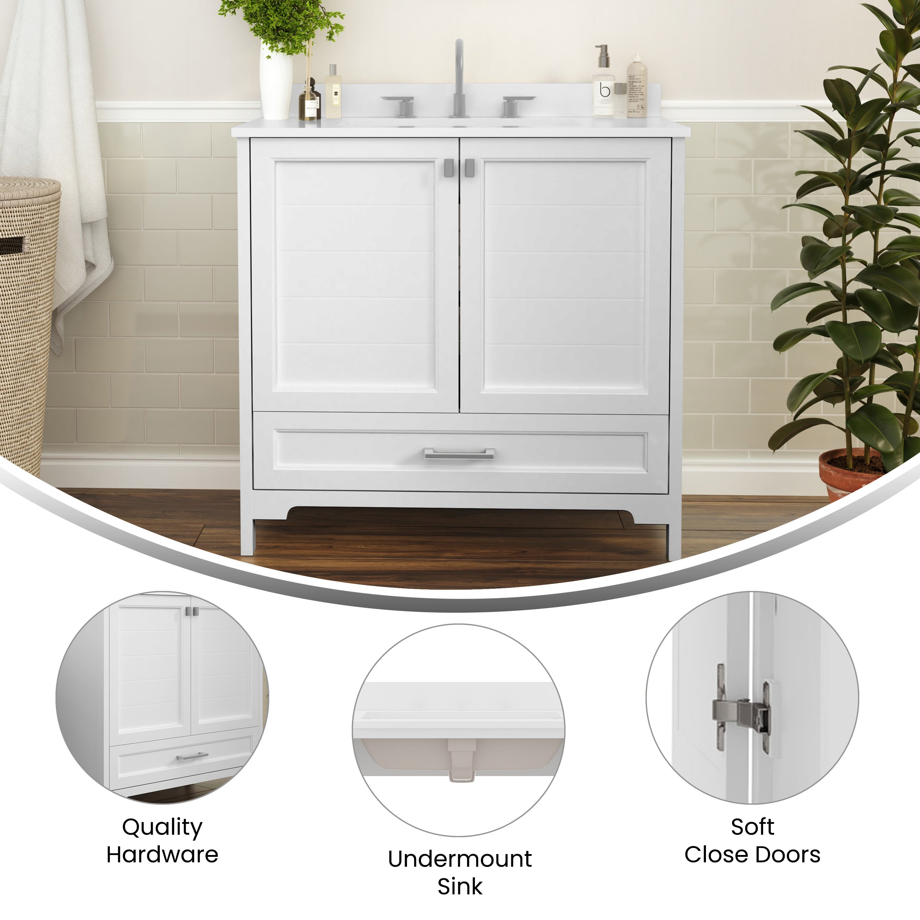 Haven 36 Inch Bathroom Vanity with Sink, Storage Cabinet with Soft Close Doors and Bottom Drawer, Carrara Marble Finish Countertop, White