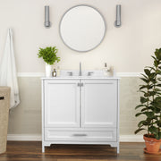 Haven 36 Inch Bathroom Vanity with Sink, Storage Cabinet with Soft Close Doors and Bottom Drawer, Carrara Marble Finish Countertop, White