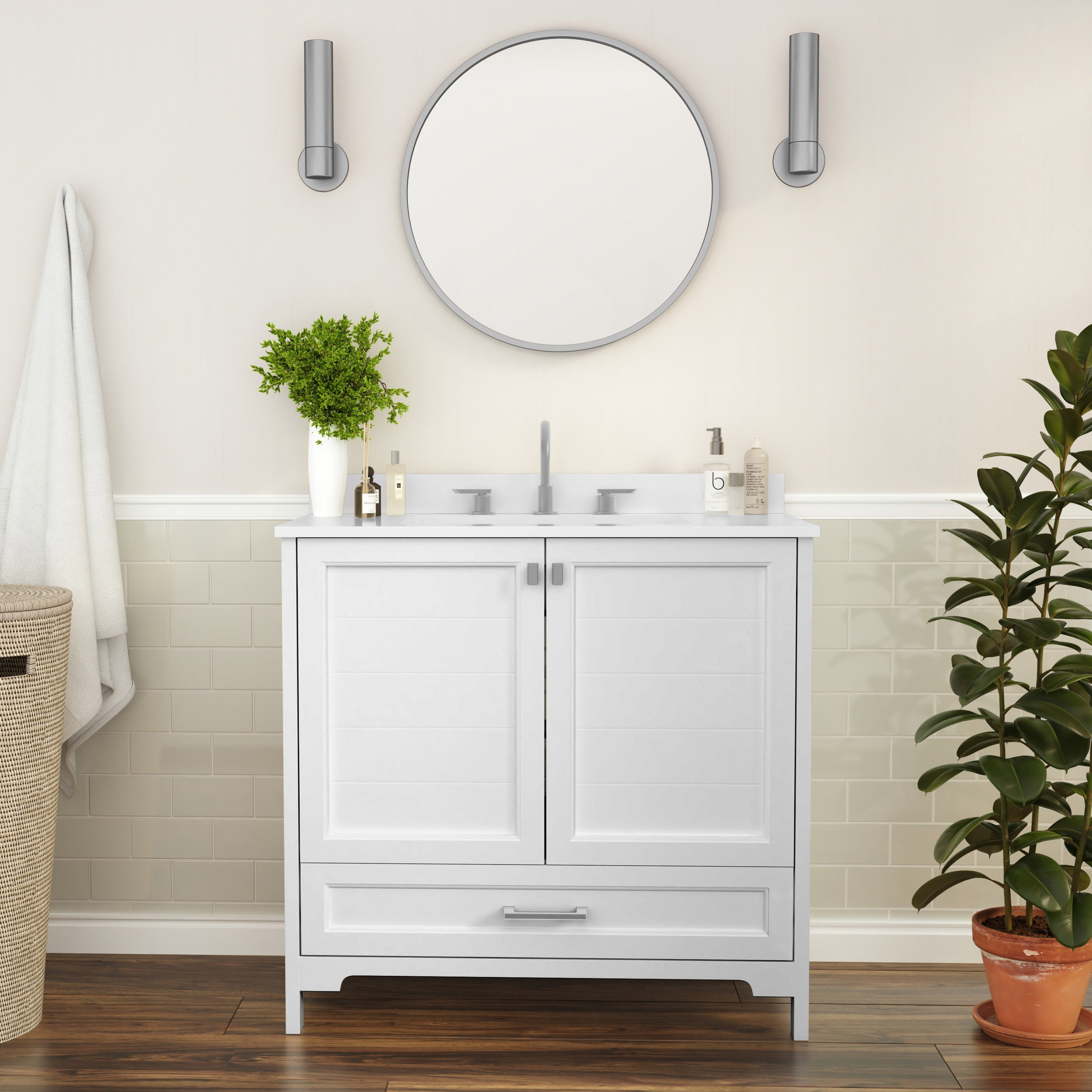 Haven 36 Inch Bathroom Vanity with Sink, Storage Cabinet with Soft Close Doors and Bottom Drawer, Carrara Marble Finish Countertop, White