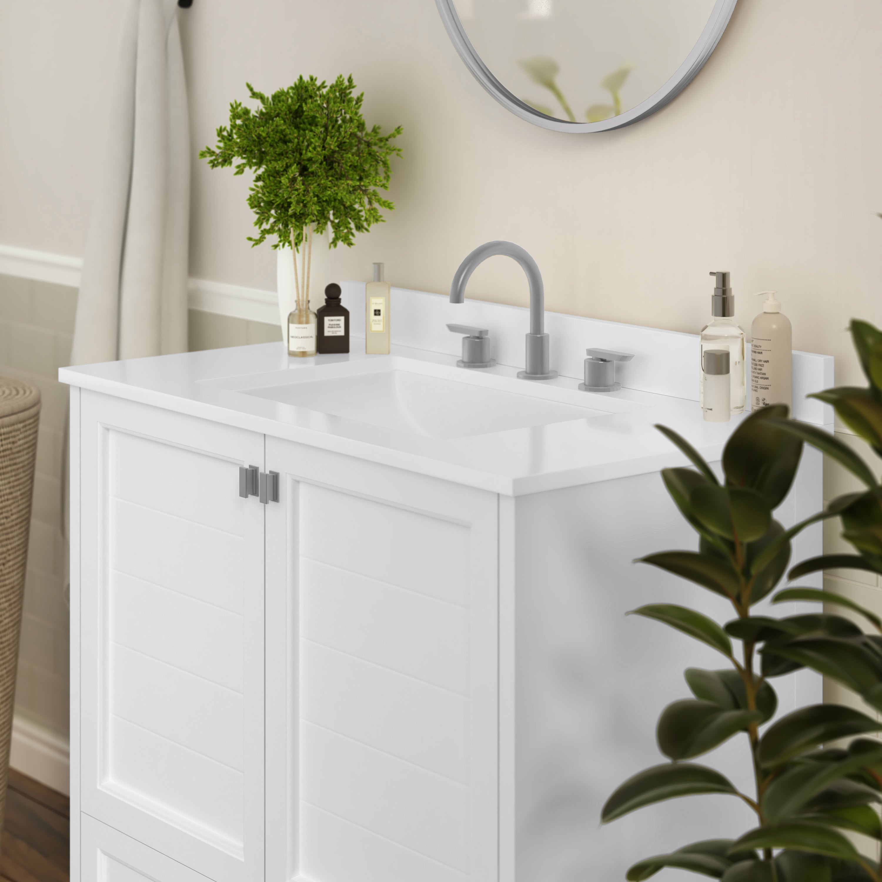 Haven 36 Inch Bathroom Vanity with Sink, Storage Cabinet with Soft Close Doors and Bottom Drawer, Carrara Marble Finish Countertop, White
