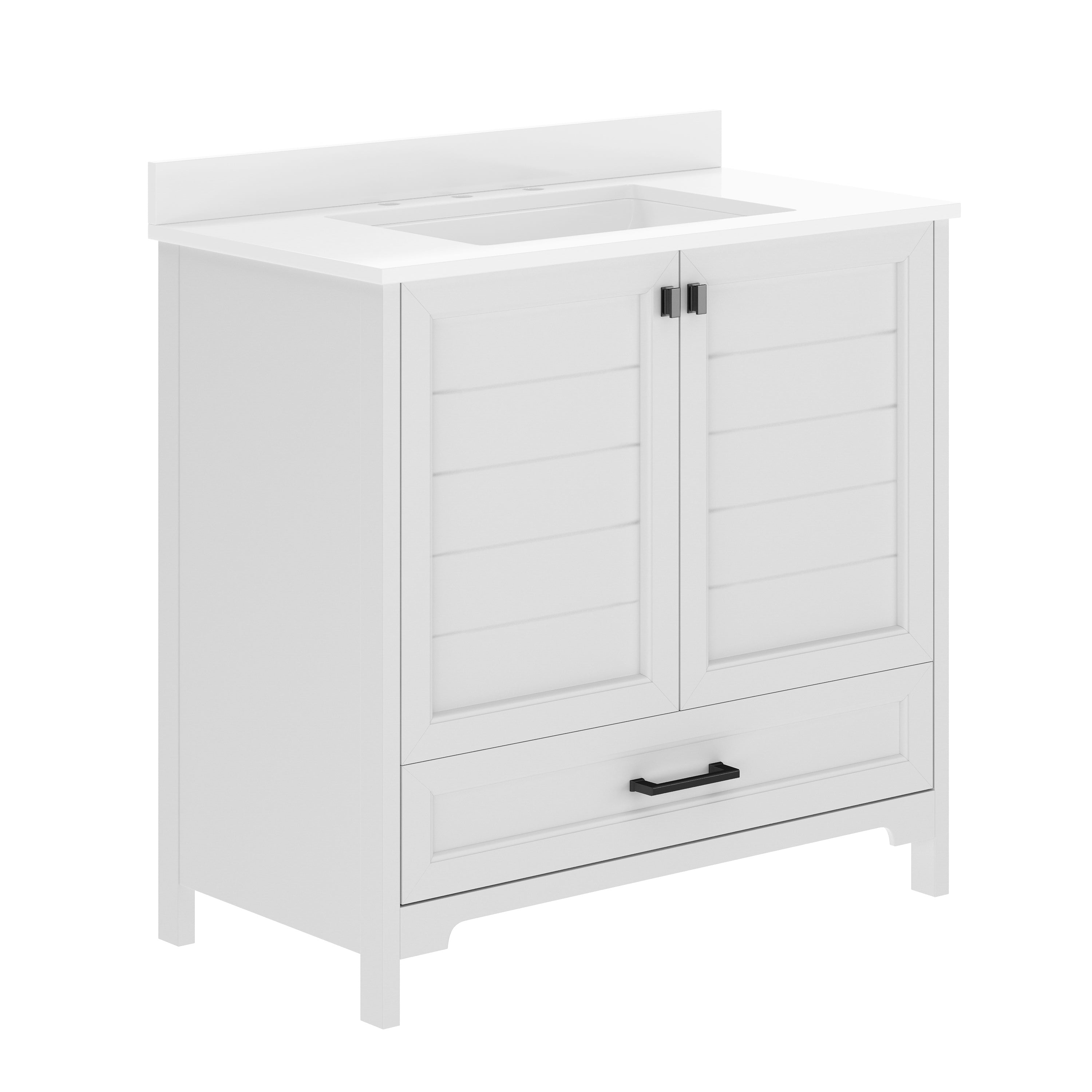 Haven 36" Bathroom Vanity with Sink, Storage Cabinet with Black Hardware, Soft Close Doors and Bottom Drawer, Carrara Marble Finish Countertop, White