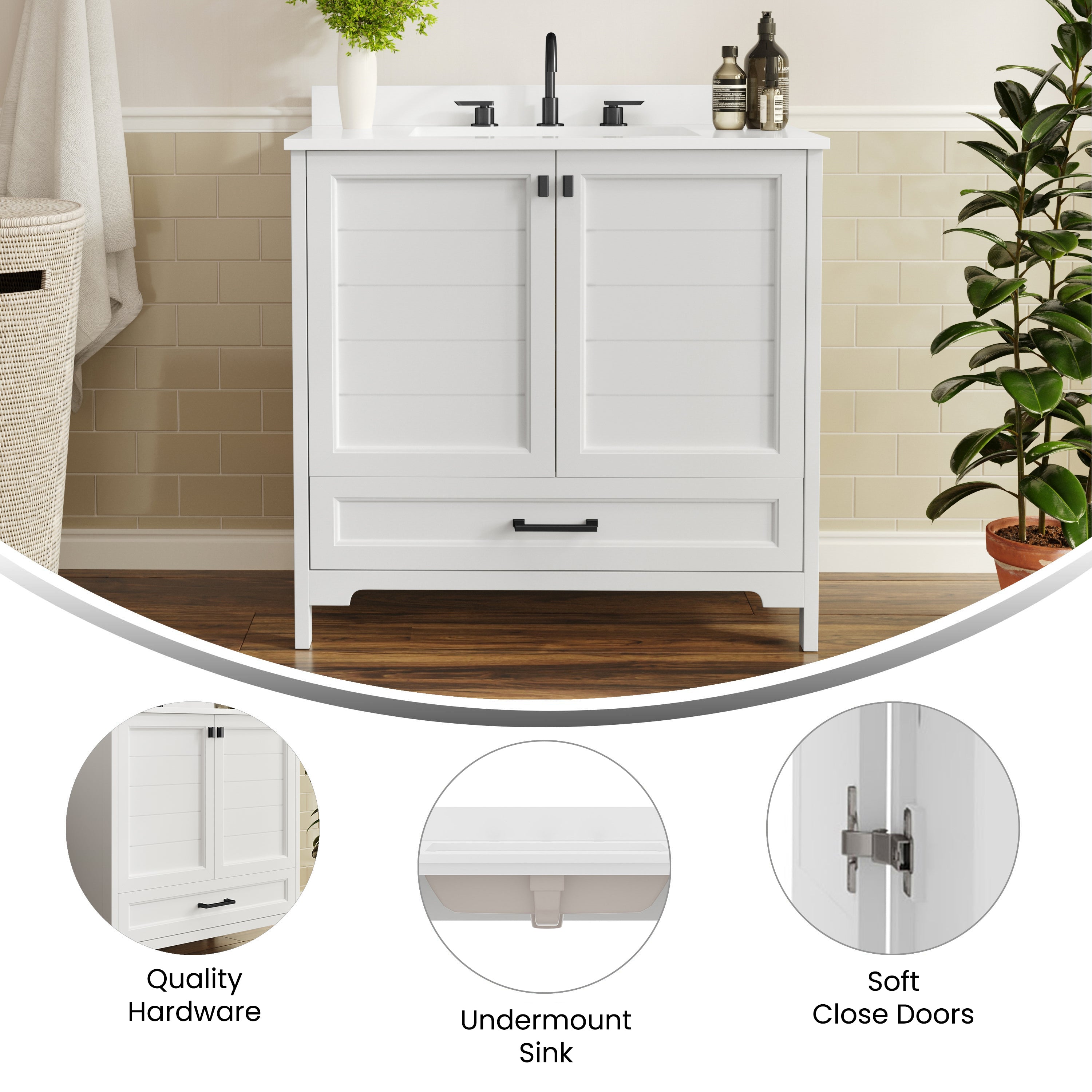 Haven 36" Bathroom Vanity with Sink, Storage Cabinet with Black Hardware, Soft Close Doors and Bottom Drawer, Carrara Marble Finish Countertop, White