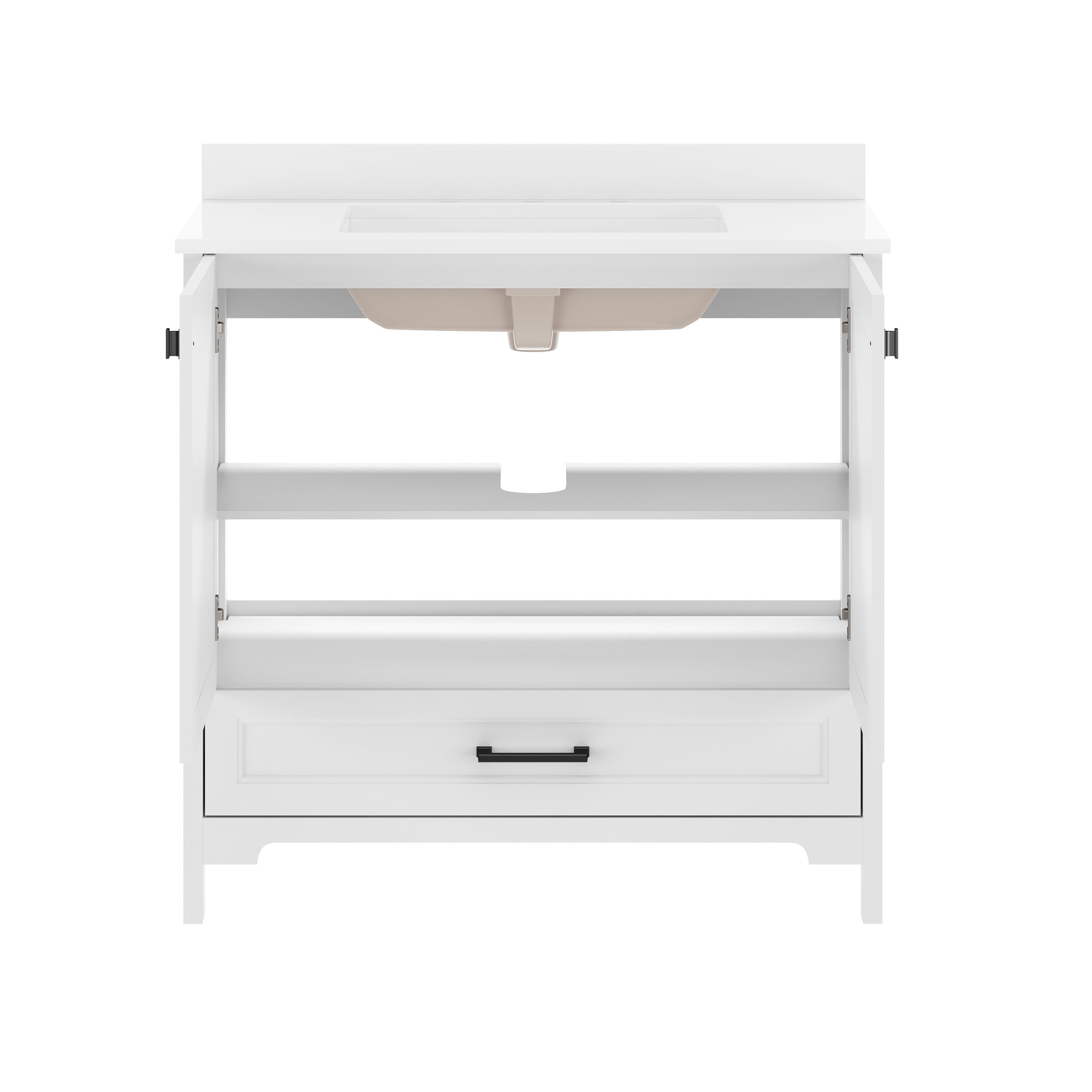 Haven 36" Bathroom Vanity with Sink, Storage Cabinet with Black Hardware, Soft Close Doors and Bottom Drawer, Carrara Marble Finish Countertop, White