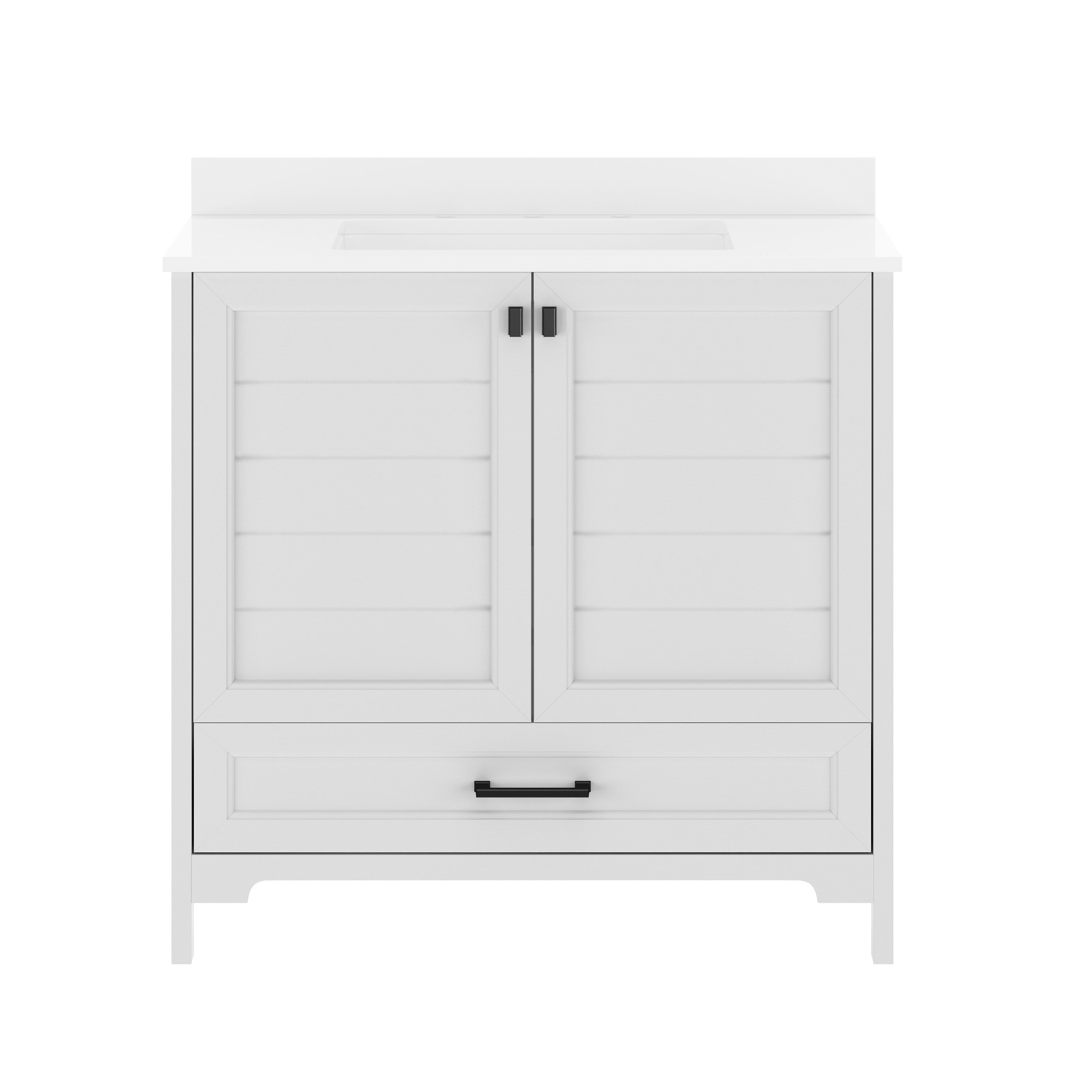 Haven 36" Bathroom Vanity with Sink, Storage Cabinet with Black Hardware, Soft Close Doors and Bottom Drawer, Carrara Marble Finish Countertop, White